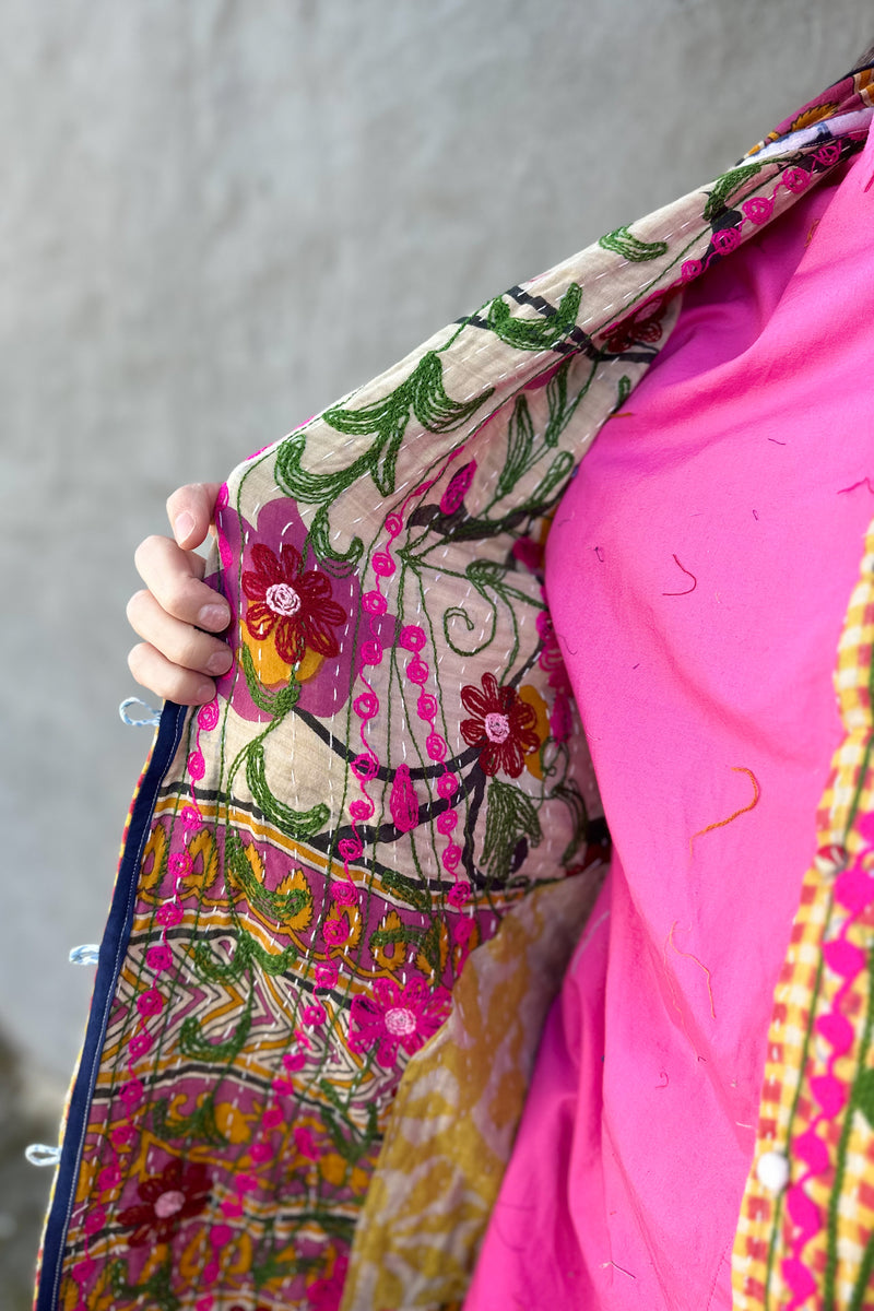 Embroidered Kantha Jacket In Crimson & Fuchsia Daisy Exotic Marigold Boutique