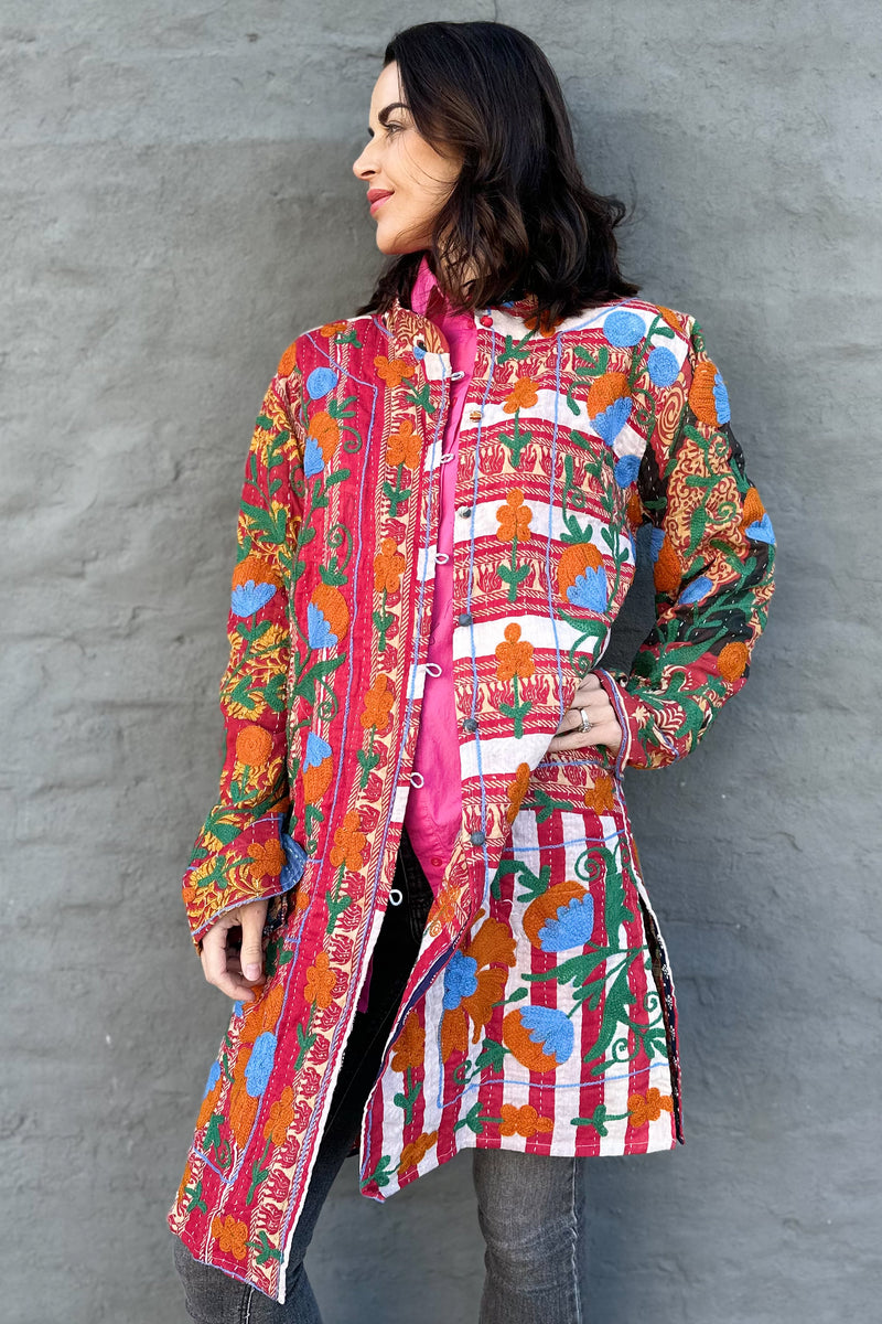 Embroidered Kantha Jacket In Sky & Orange Dandelion Exotic Marigold Boutique