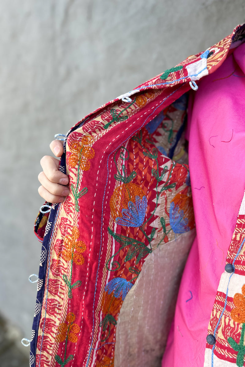 Embroidered Kantha Jacket In Sky & Orange Dandelion Exotic Marigold Boutique