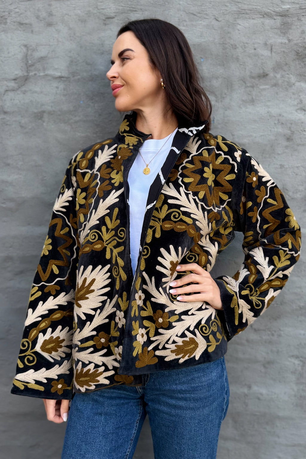 Velvet Suzani Jacket In Natural Onyx