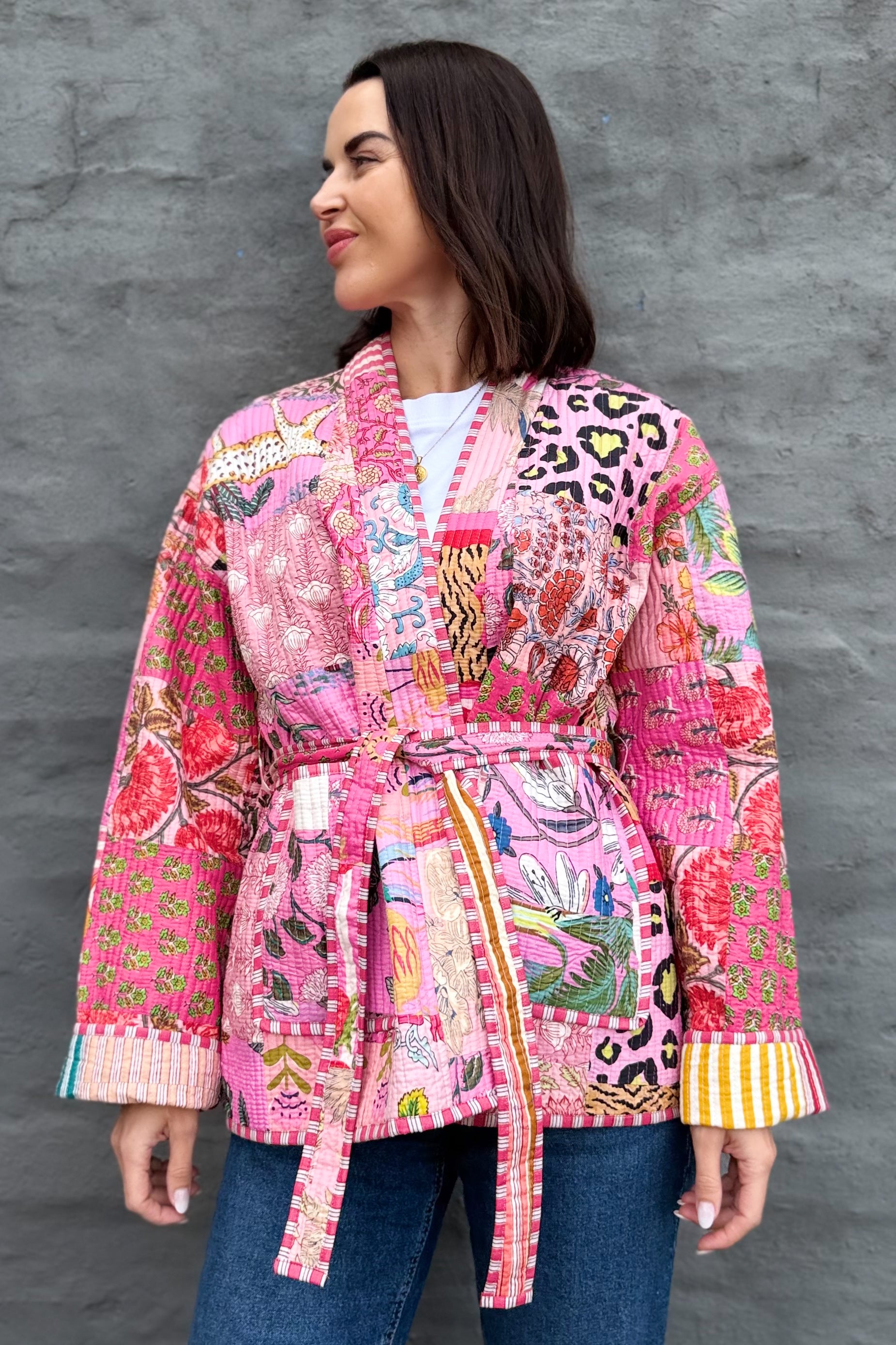Patchwork Quilted Cotton Jacket In Pinks