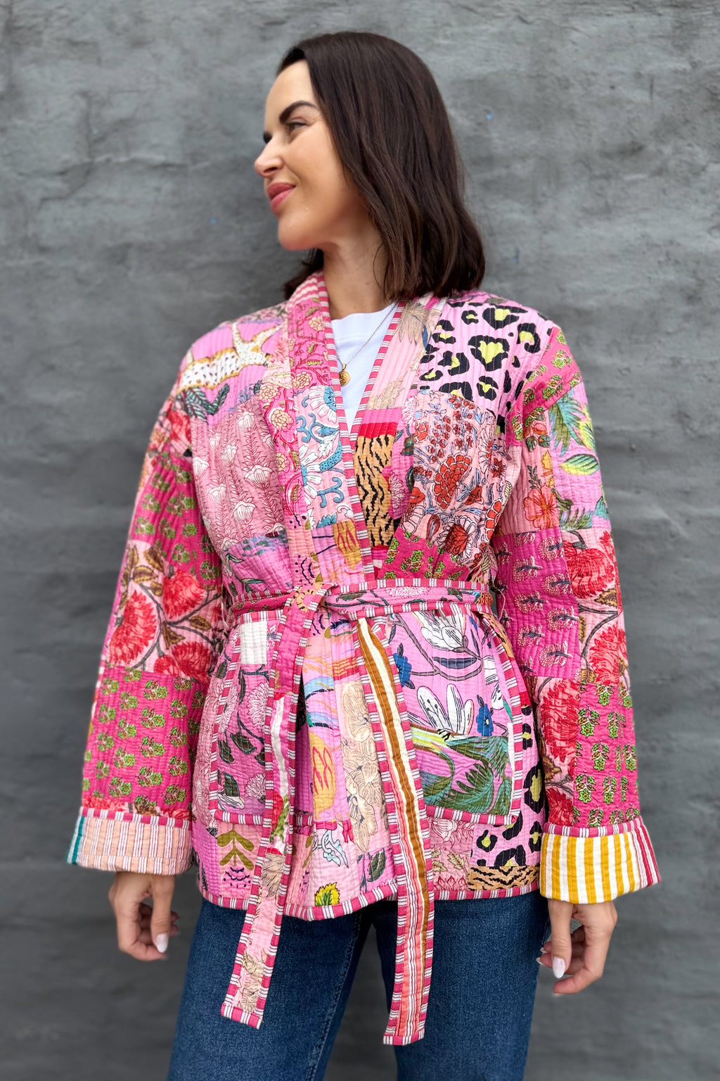 Patchwork Quilted Cotton Jacket In Pinks