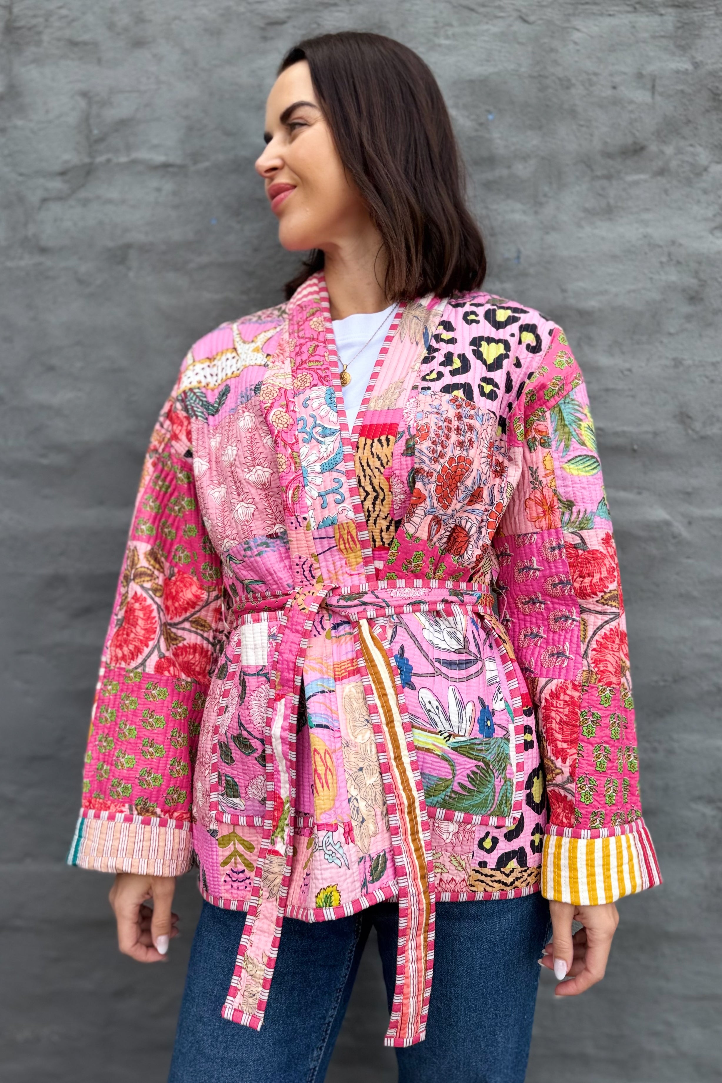 Patchwork Quilted Cotton Jacket In Pinks