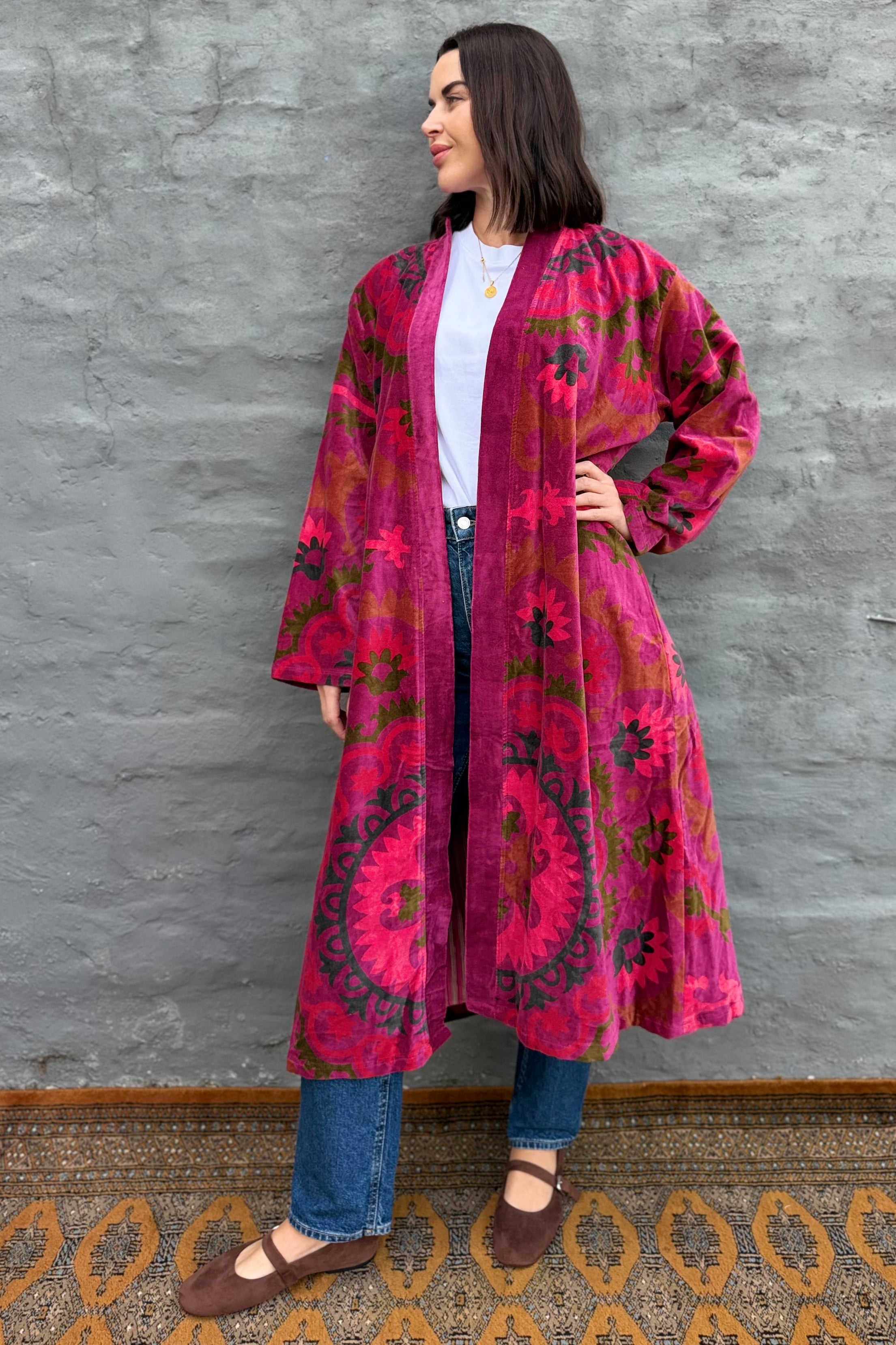 Velvet Kimono In Magenta Suzani