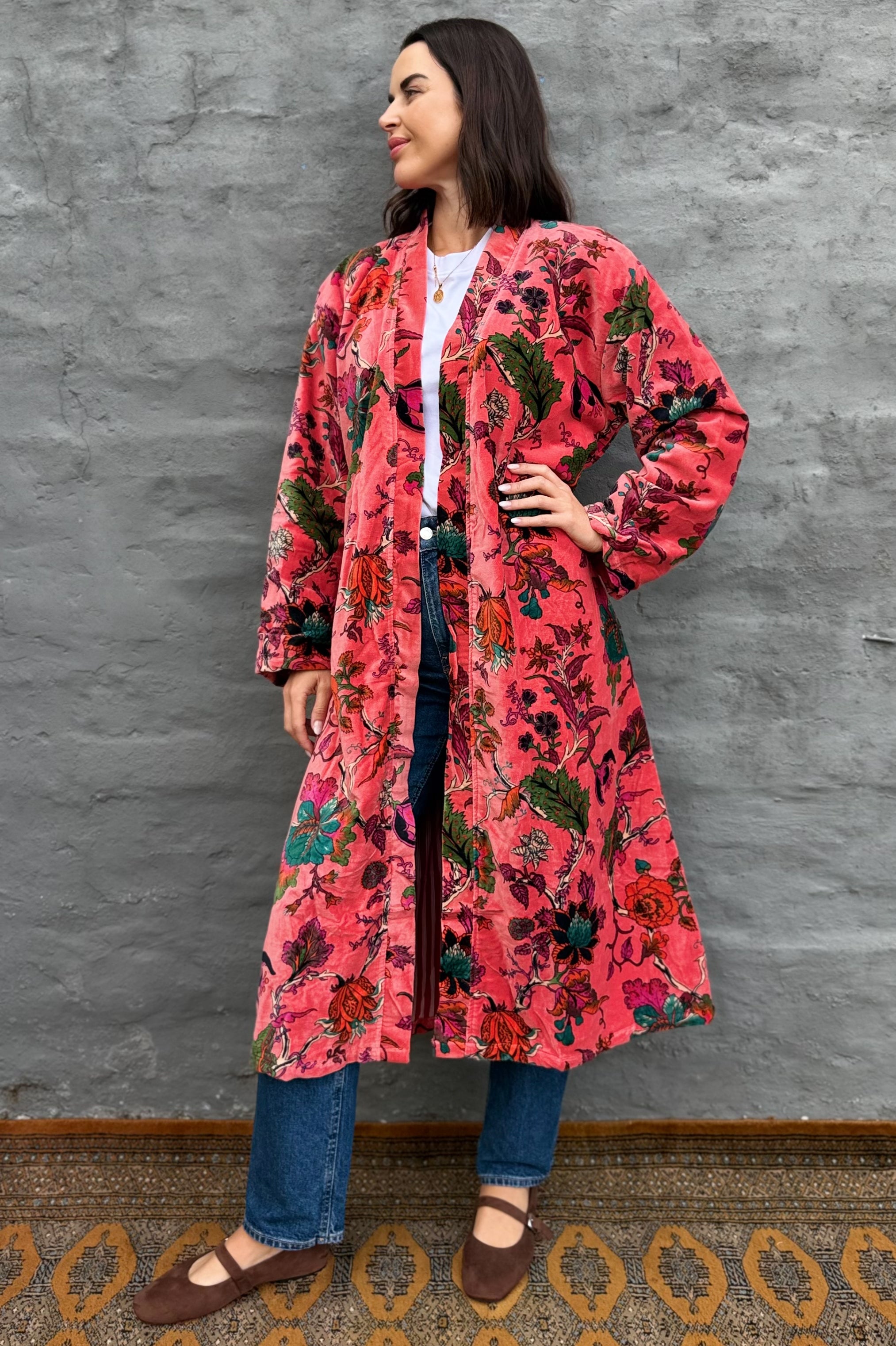 Velvet Kimono In Peachy Pink Botanical