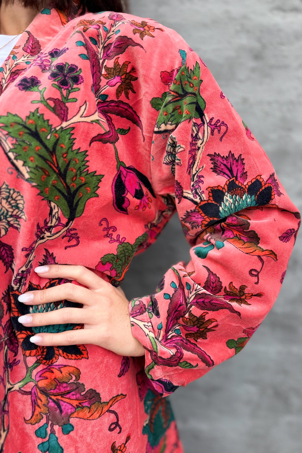 Velvet Kimono In Peachy Pink Botanical