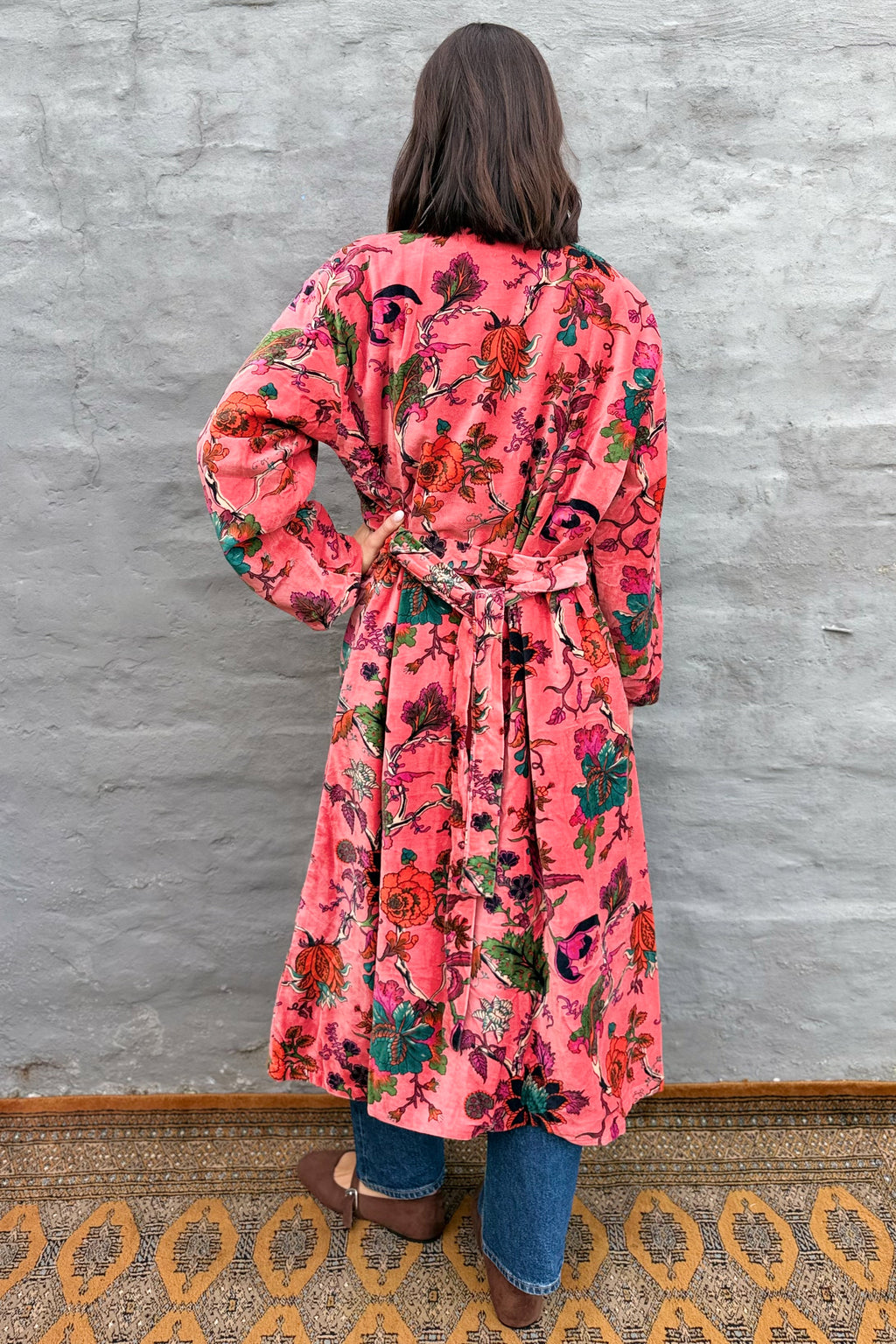 Velvet Kimono In Peachy Pink Botanical