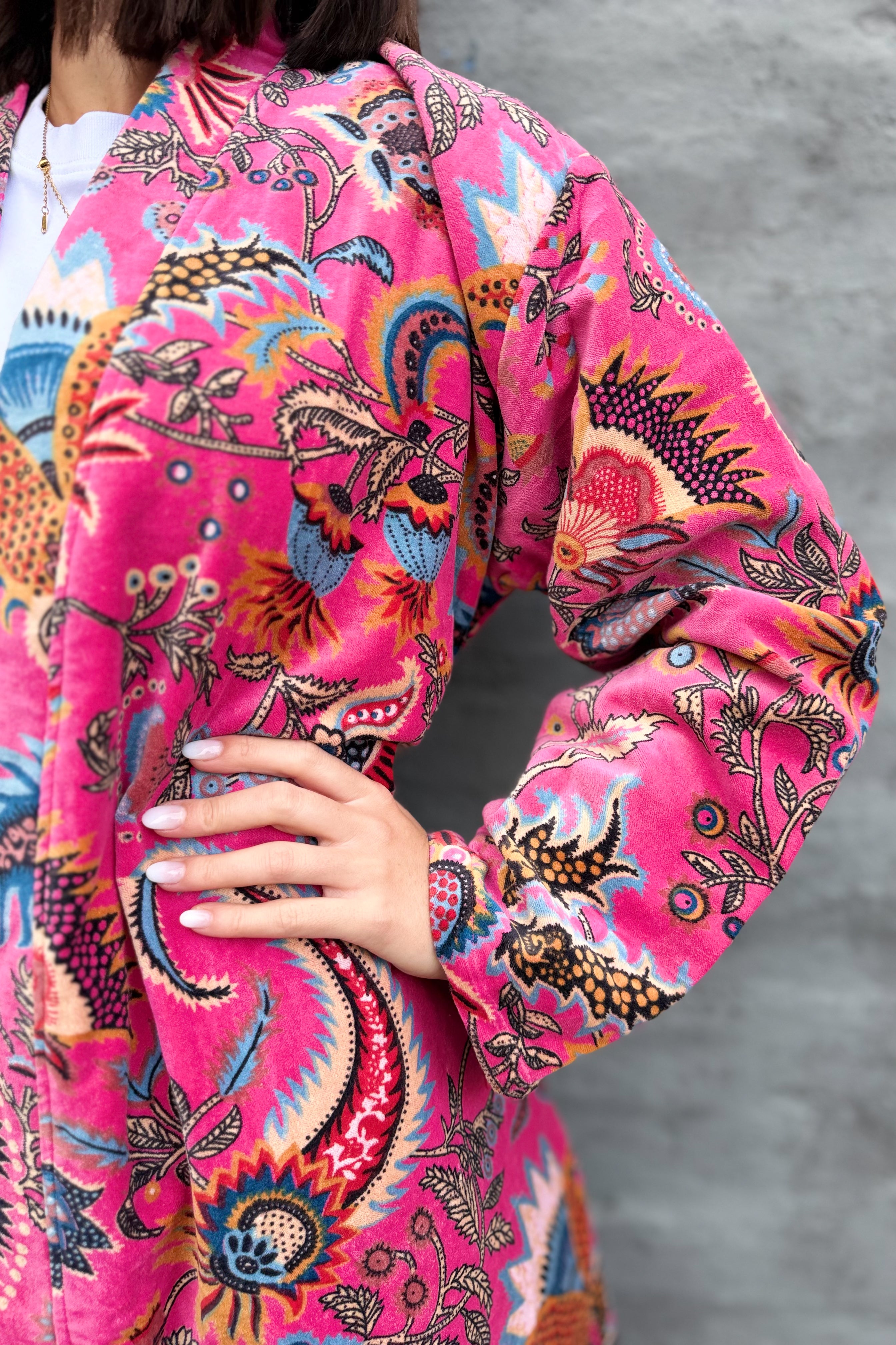 Velvet Kimono In Fuchsia Botanical