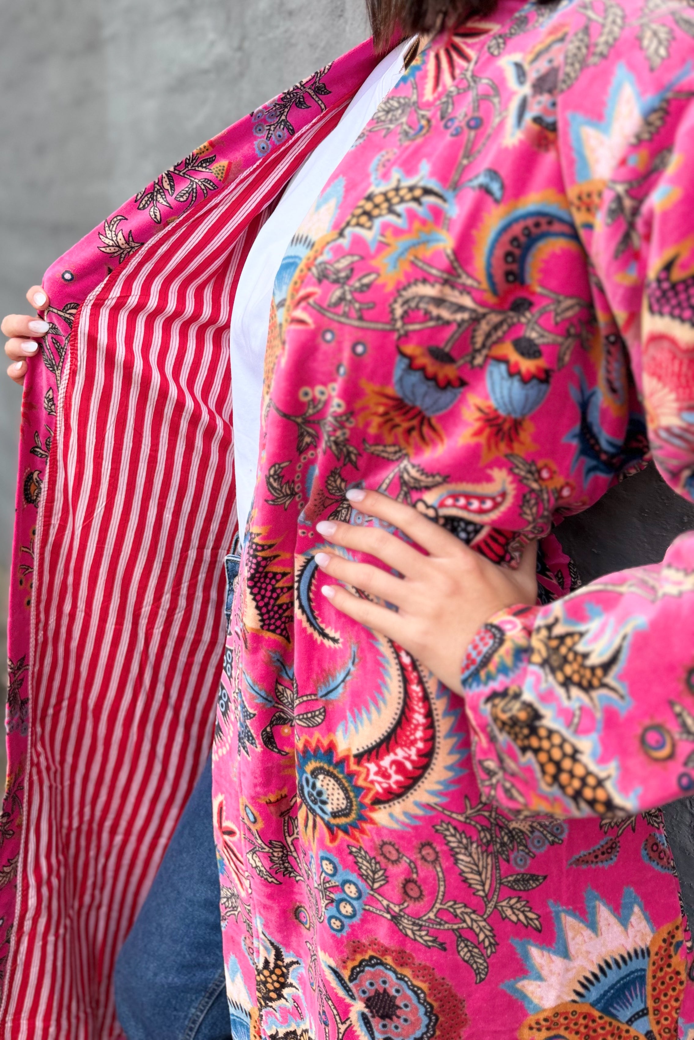 Velvet Kimono In Fuchsia Botanical