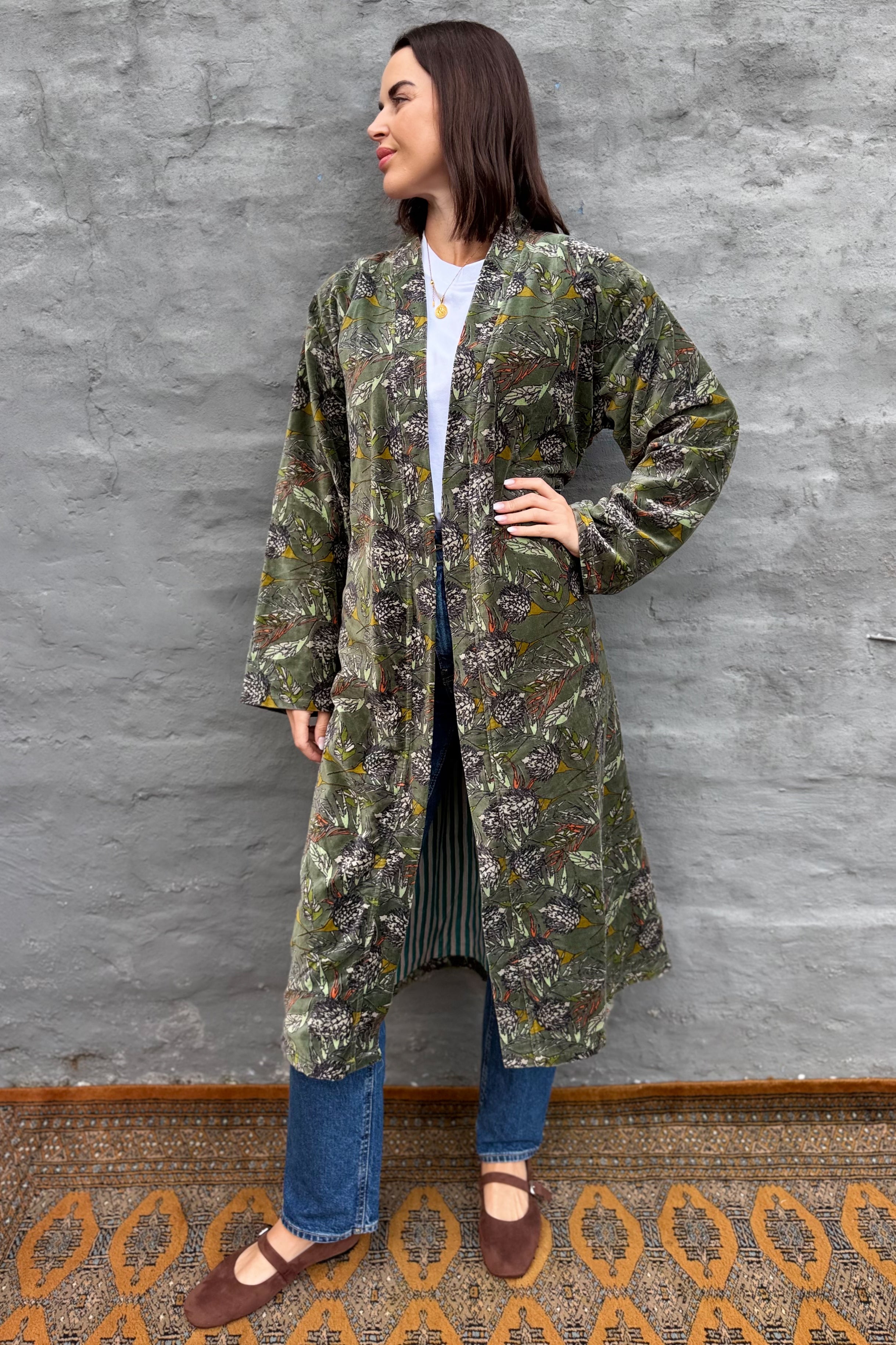 Velvet Kimono In Forest Thistle