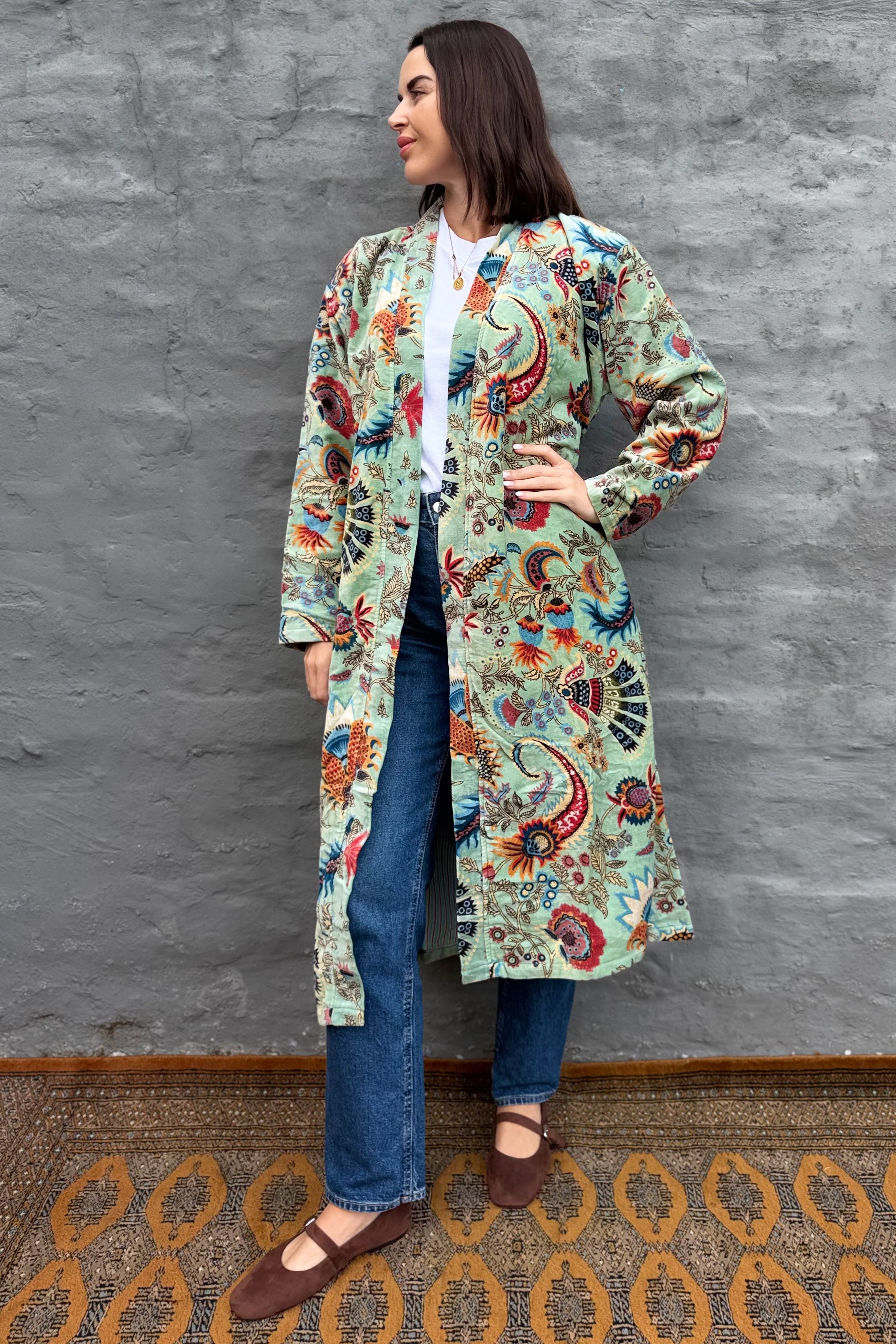 Velvet Kimono In Sage Botanical