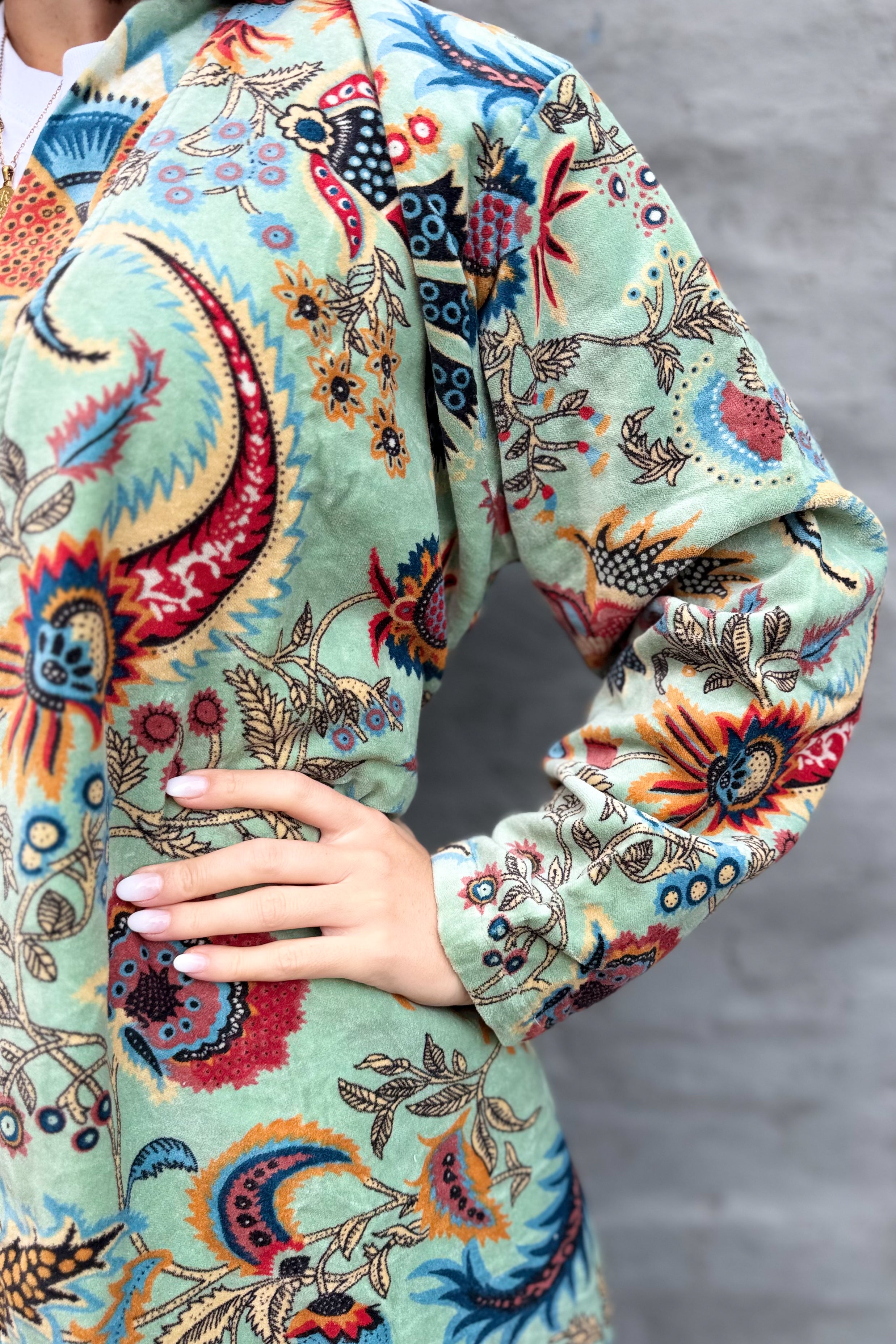 Velvet Kimono In Sage Botanical