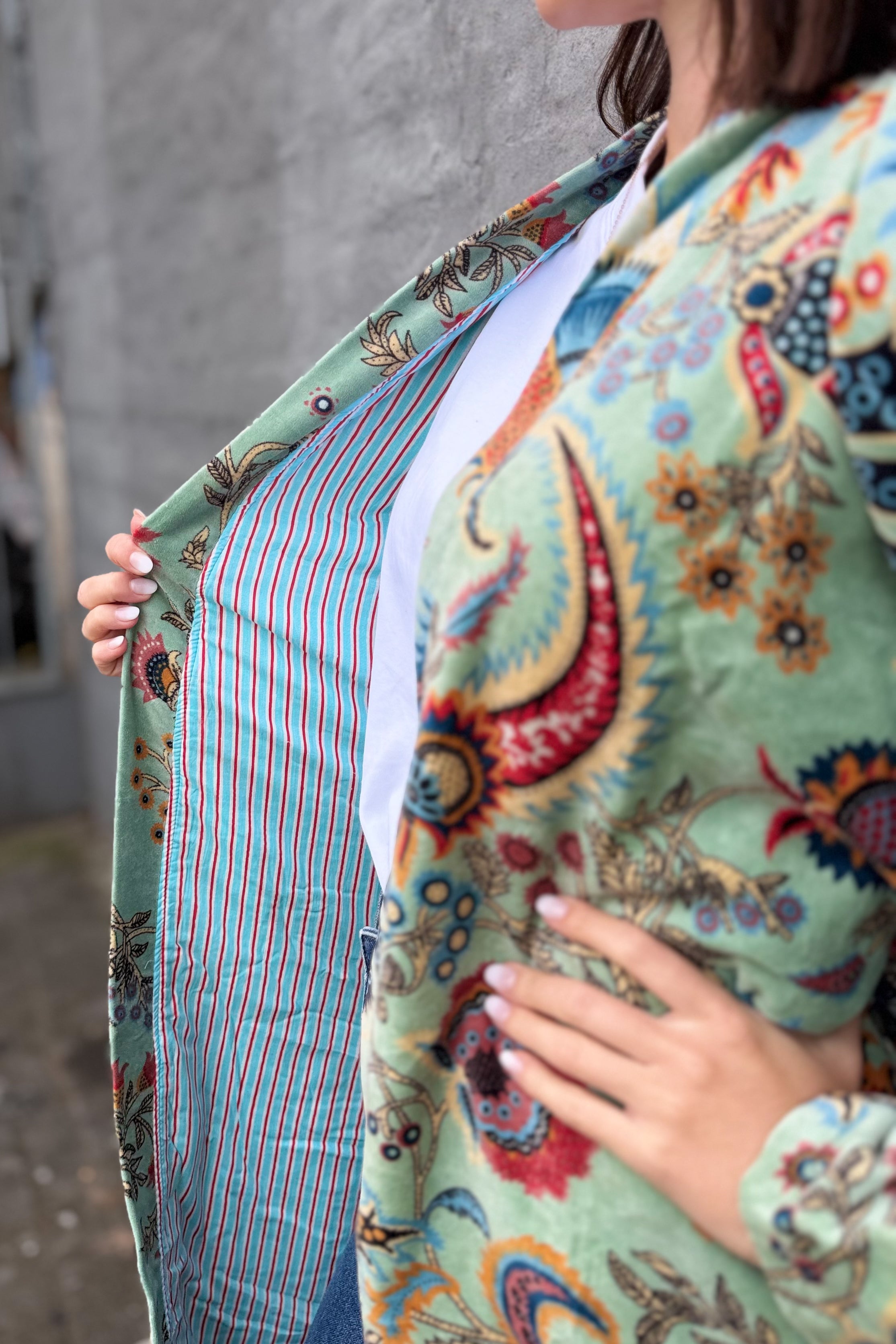 Velvet Kimono In Sage Botanical