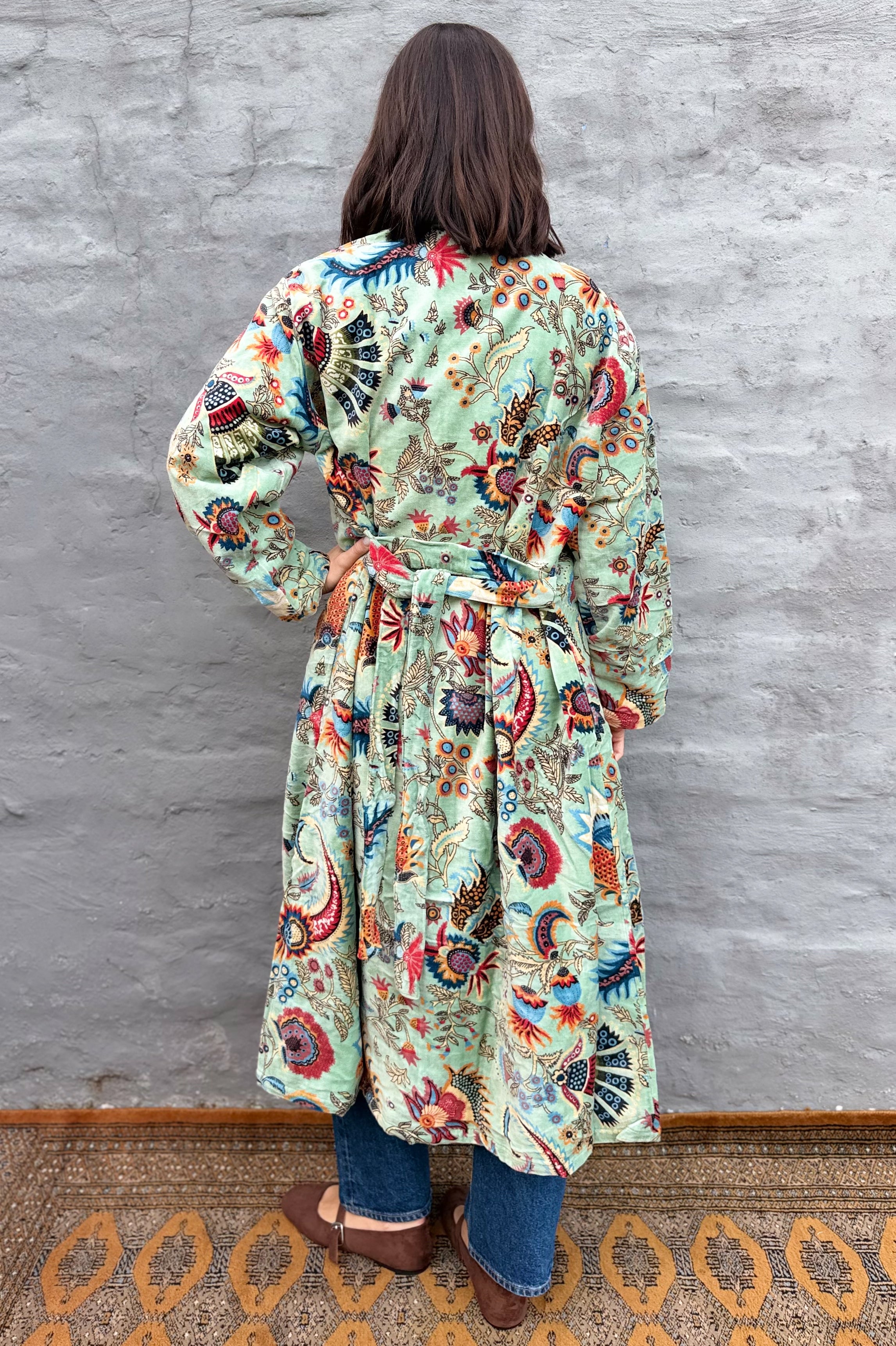 Velvet Kimono In Sage Botanical