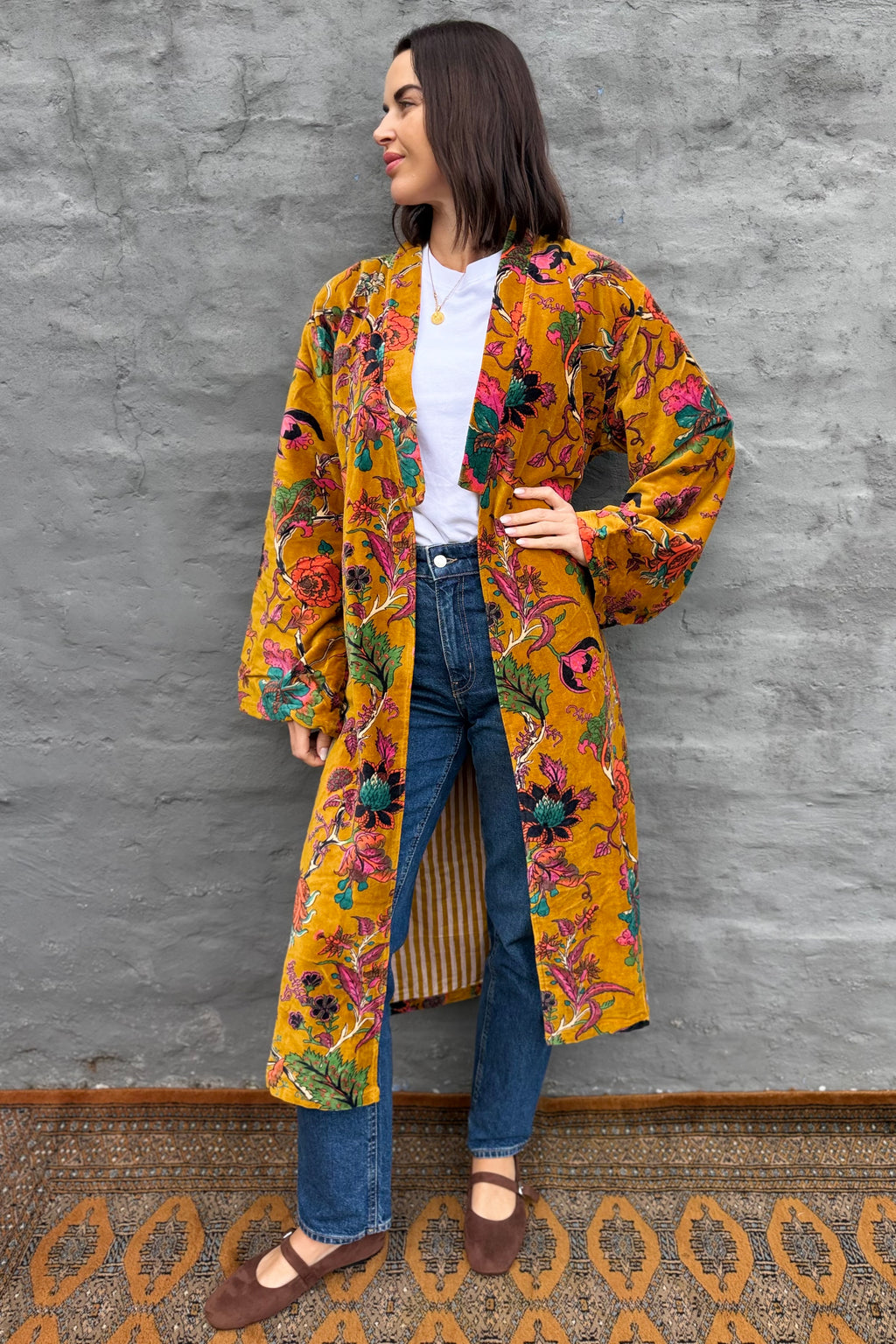 Velvet Kimono In Golden Botanical