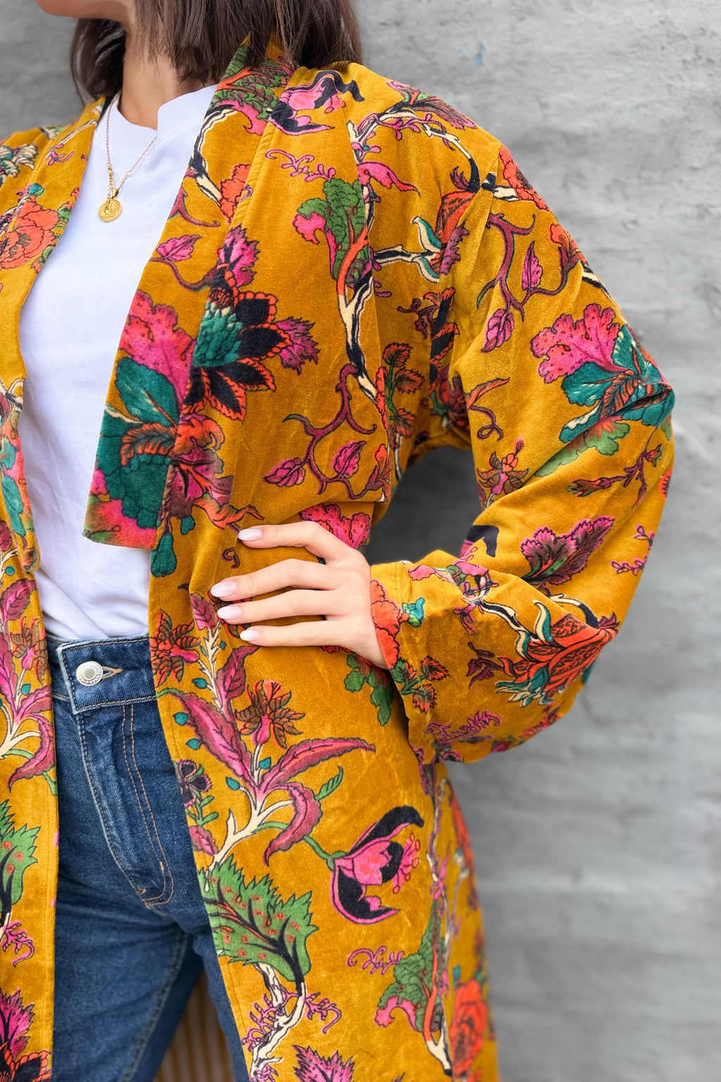 Velvet Kimono In Golden Botanical
