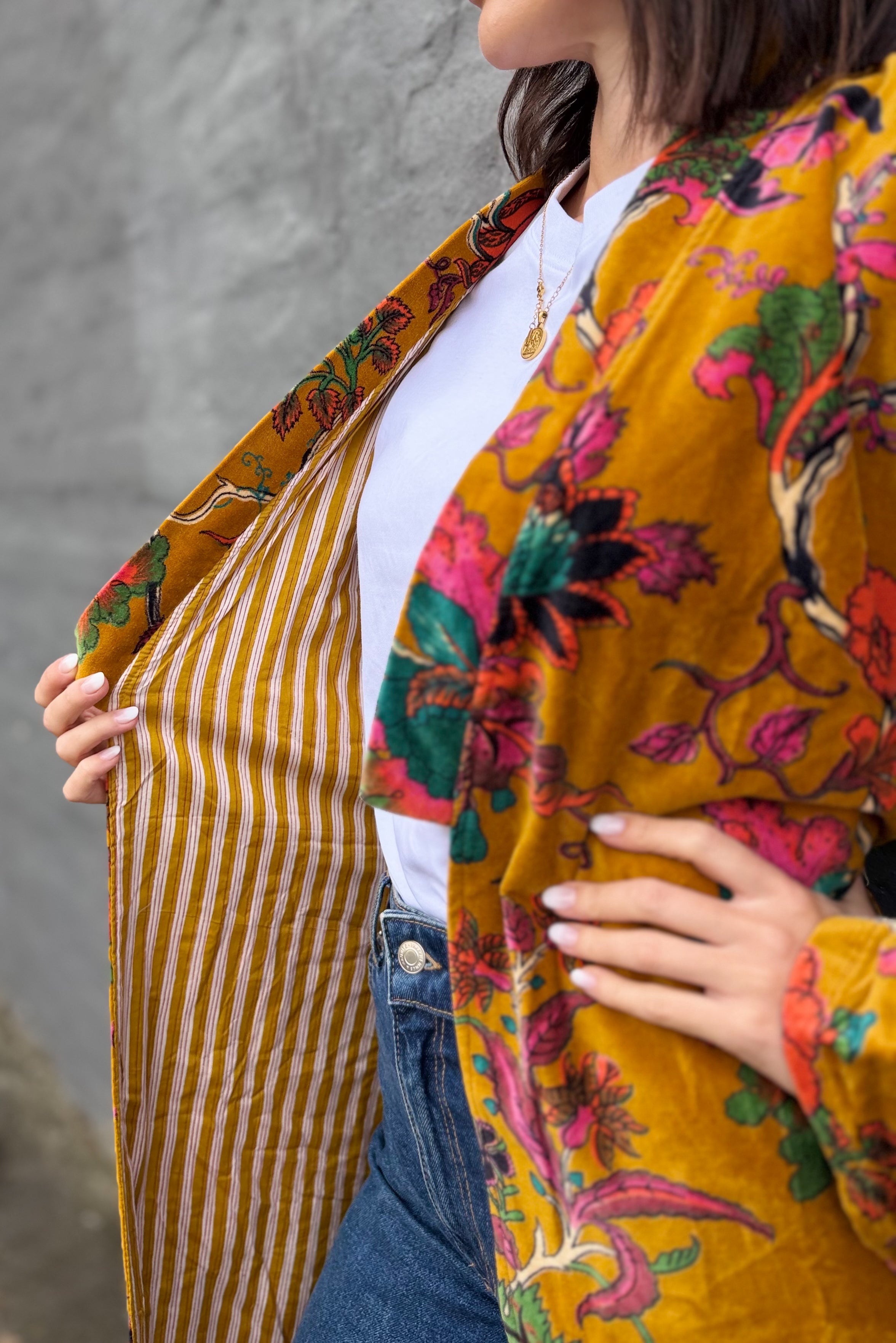 Velvet Kimono In Golden Botanical