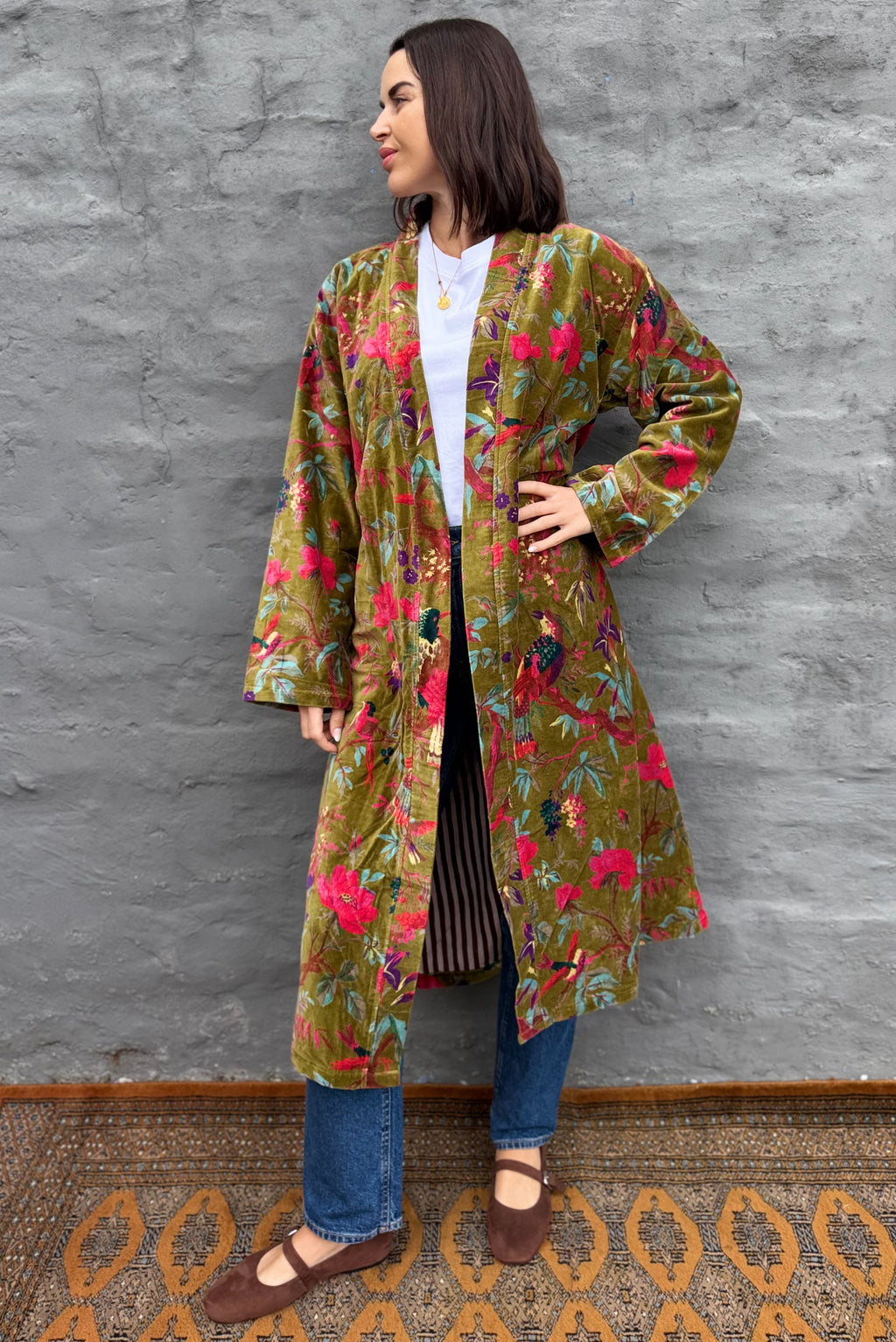 Velvet Kimono In Olive Botanical