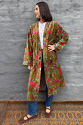 Velvet Kimono In Olive Botanical