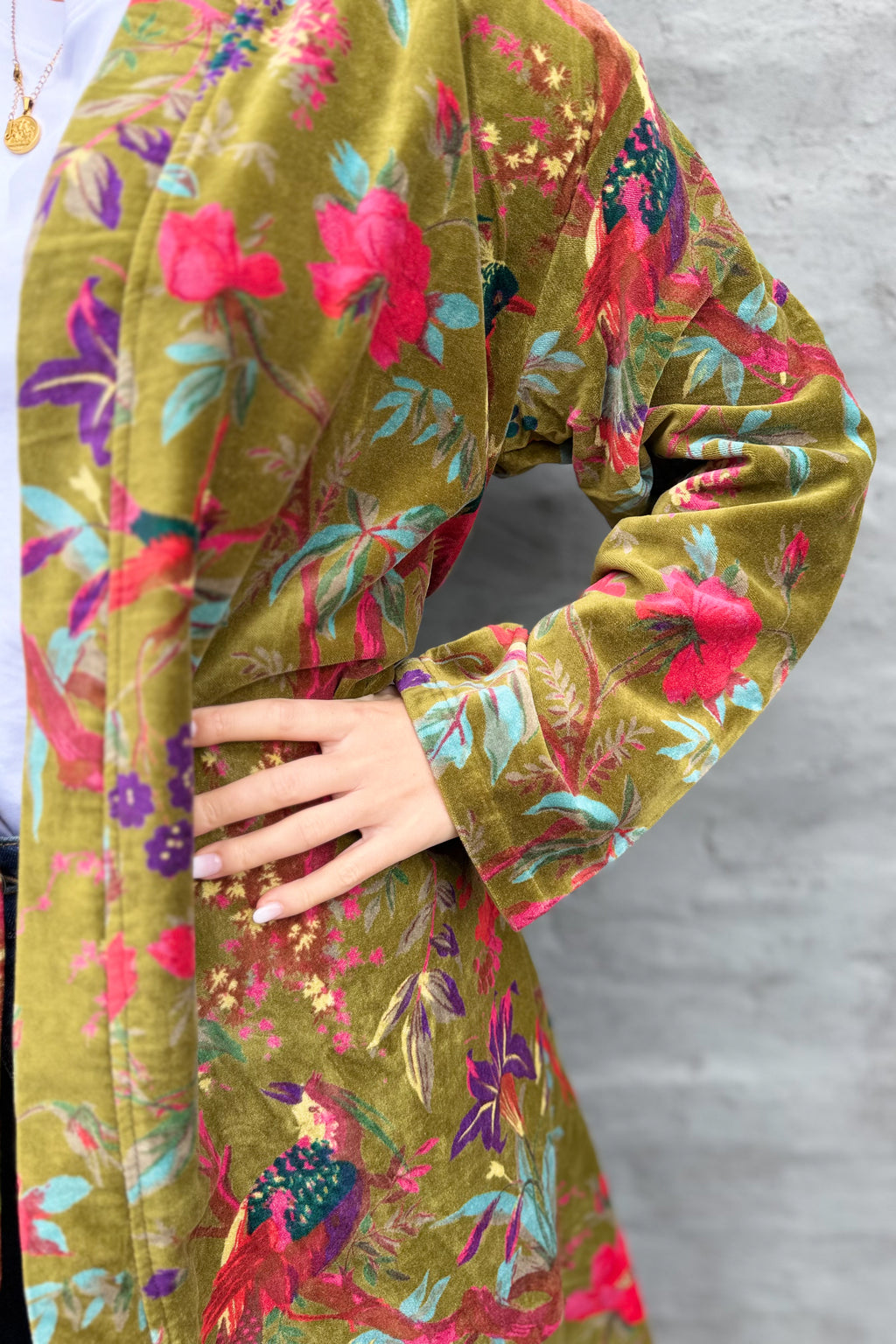 Velvet Kimono In Olive Botanical