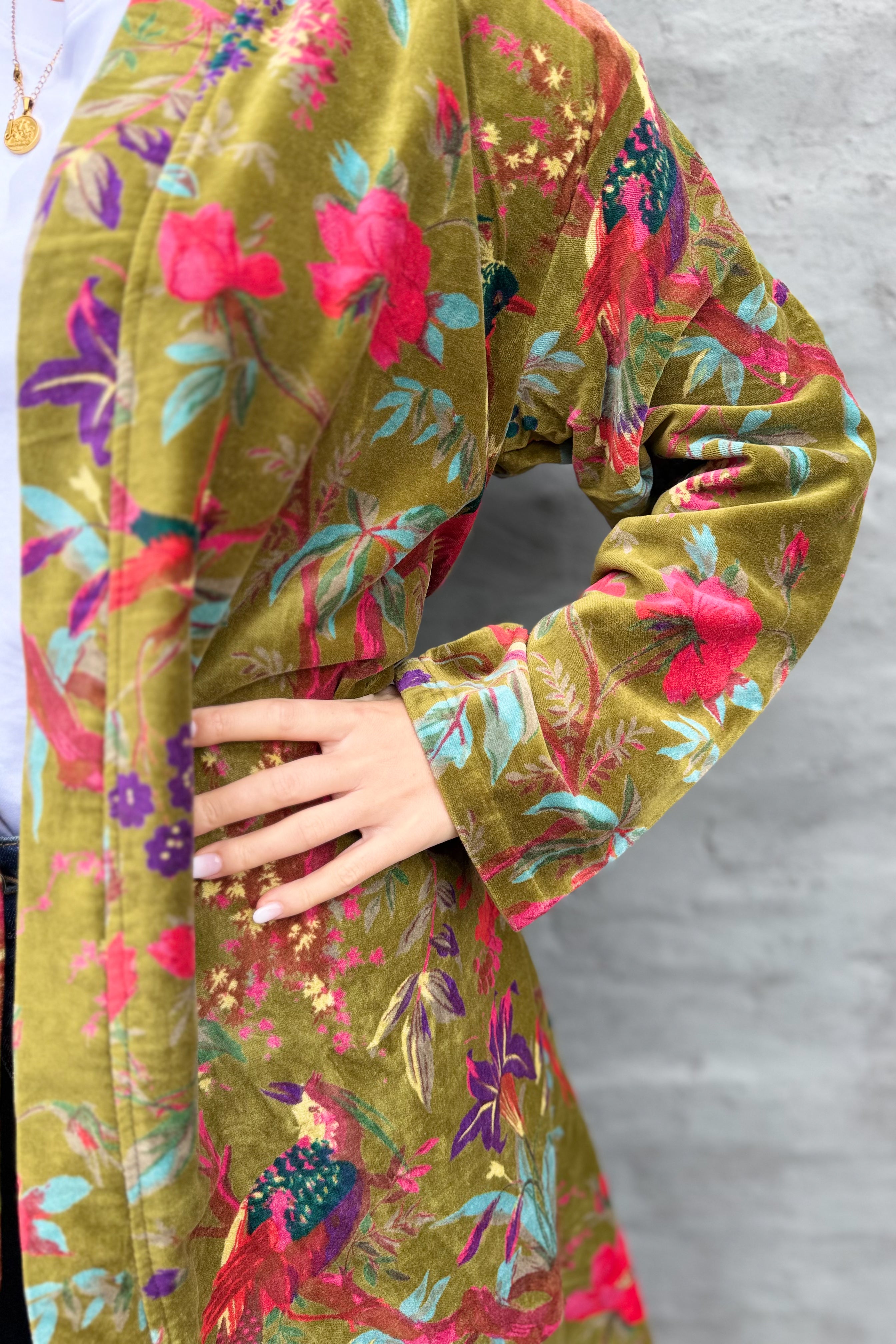 Velvet Kimono In Olive Botanical