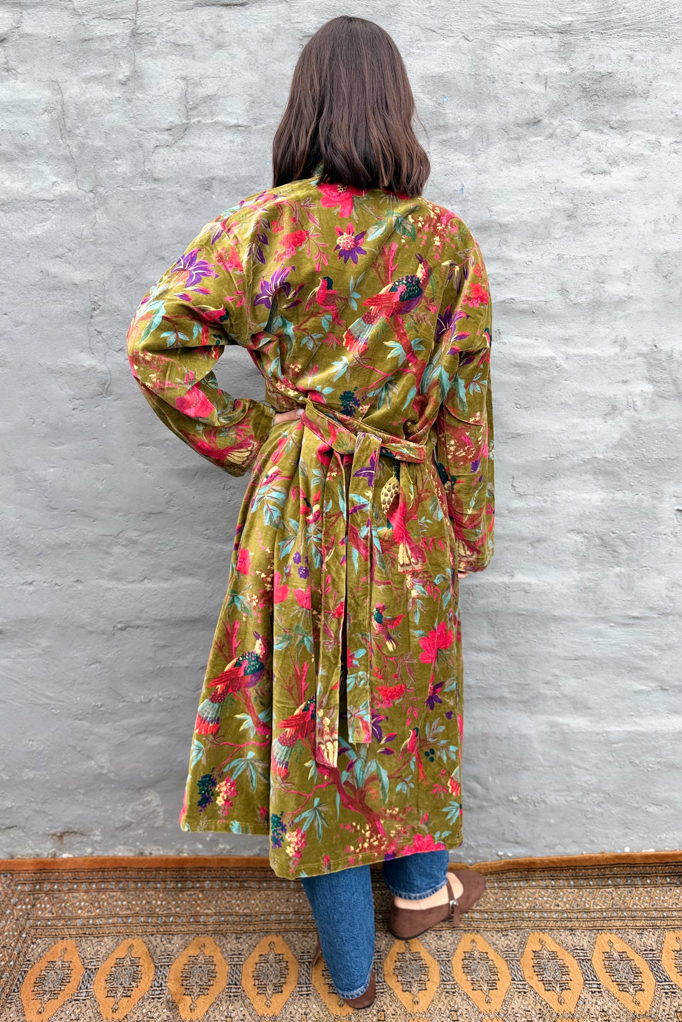 Velvet Kimono In Olive Botanical
