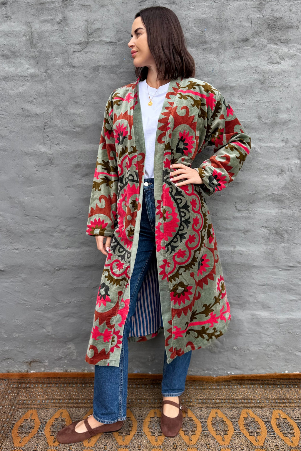 Velvet Kimono In Sage Suzani