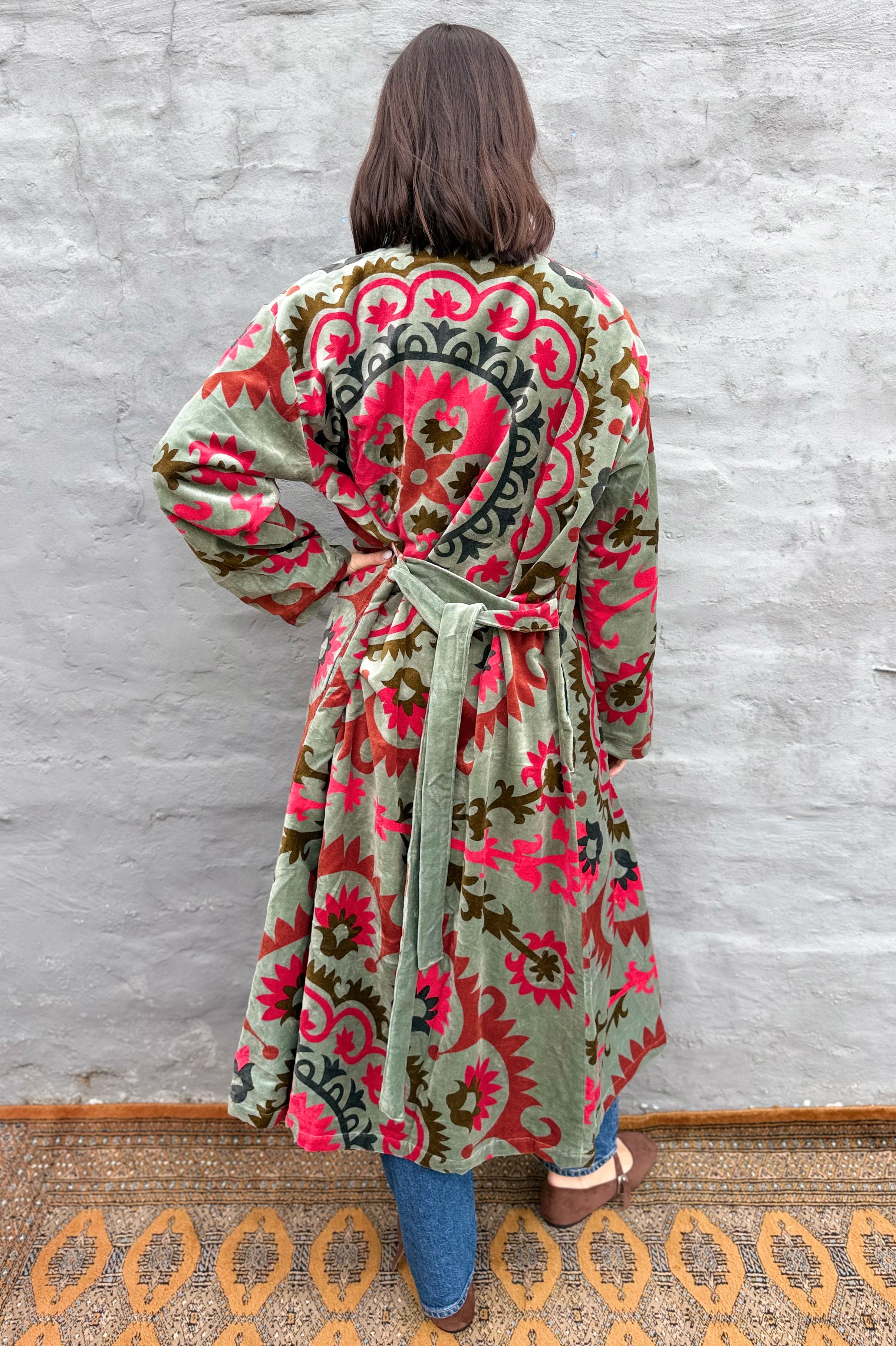 Velvet Kimono In Sage Suzani