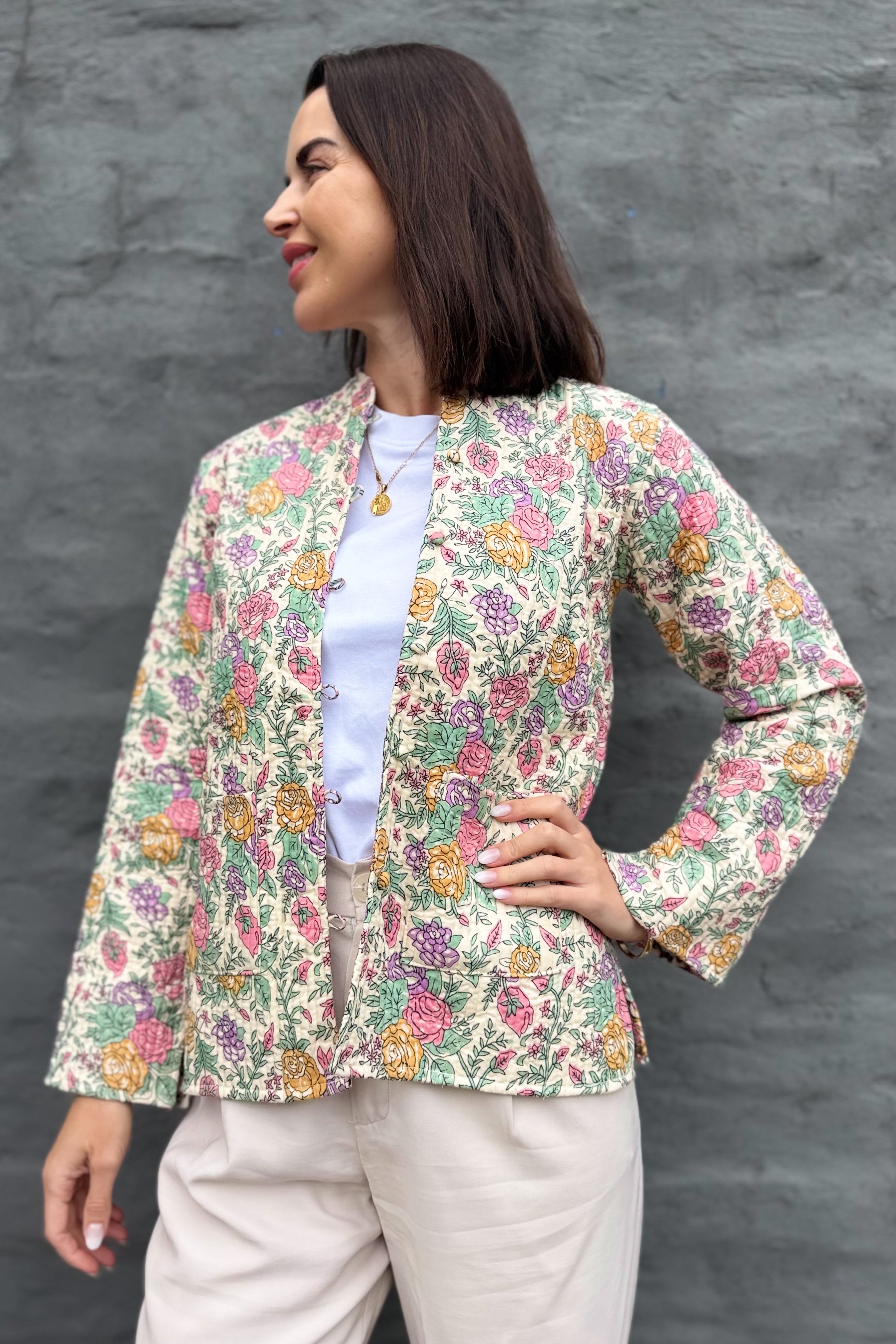 Quilted Cotton Jacket In Rose Garden