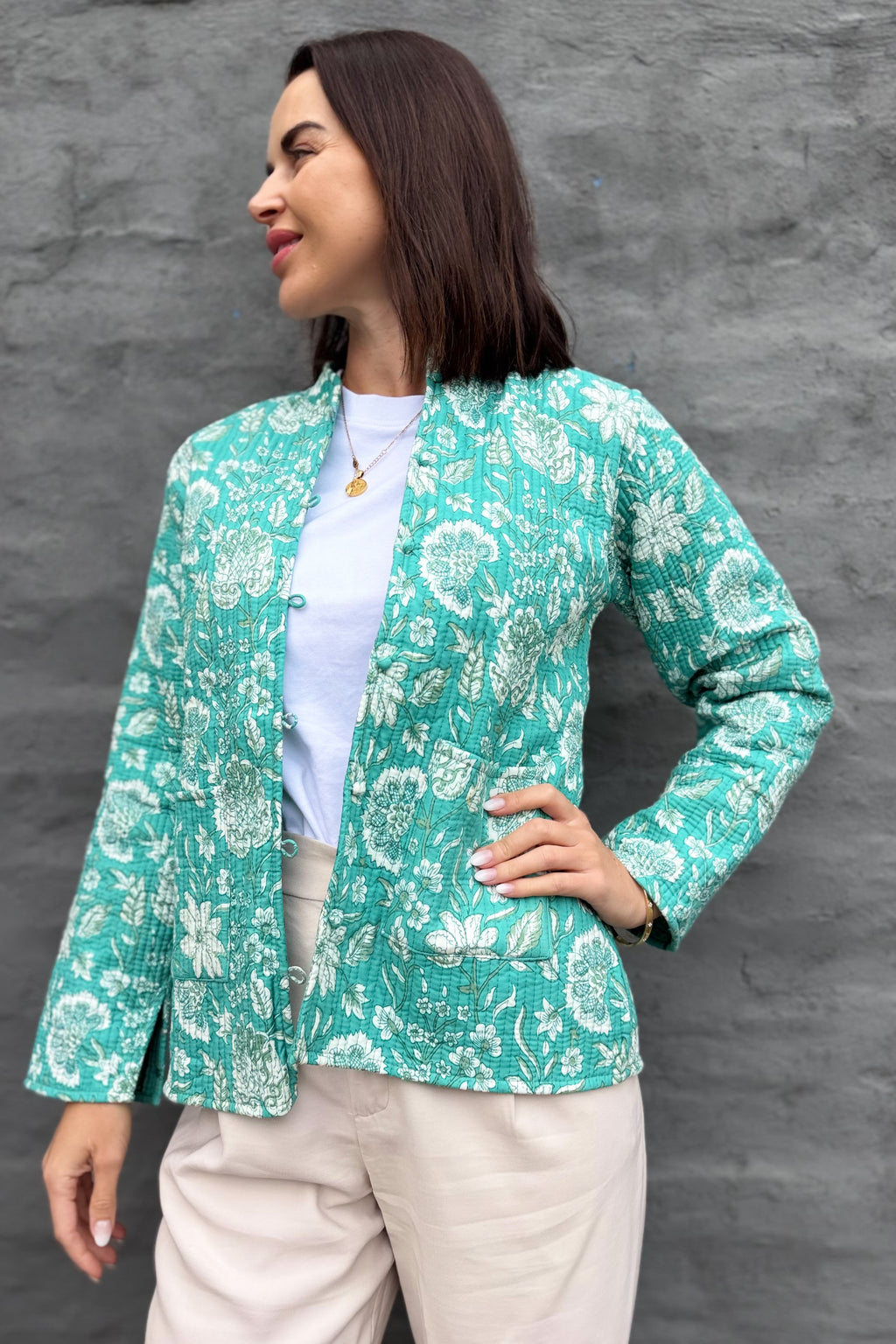 Quilted Cotton Jacket In Turquoise Botanical