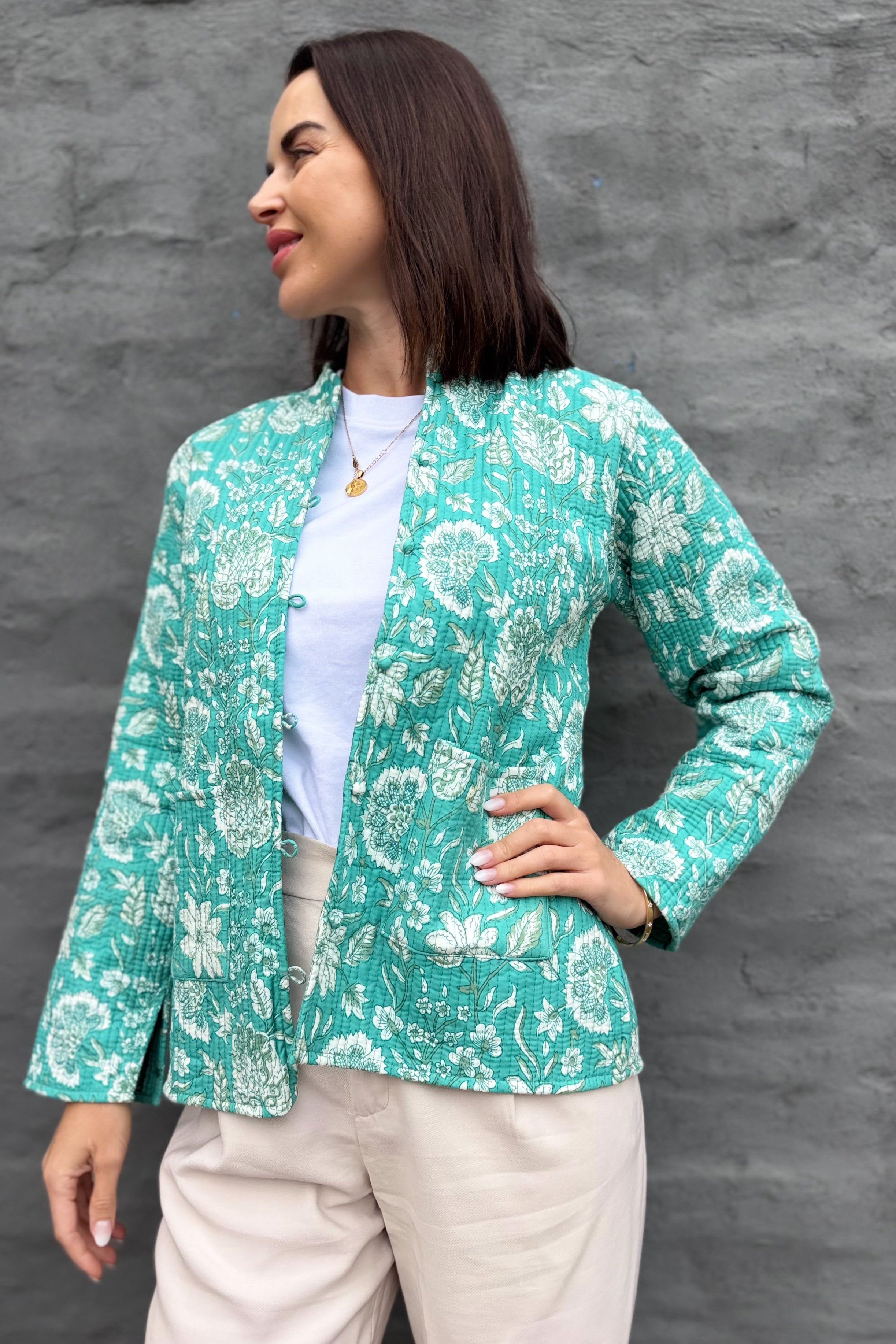 Quilted Cotton Jacket In Turquoise Botanical