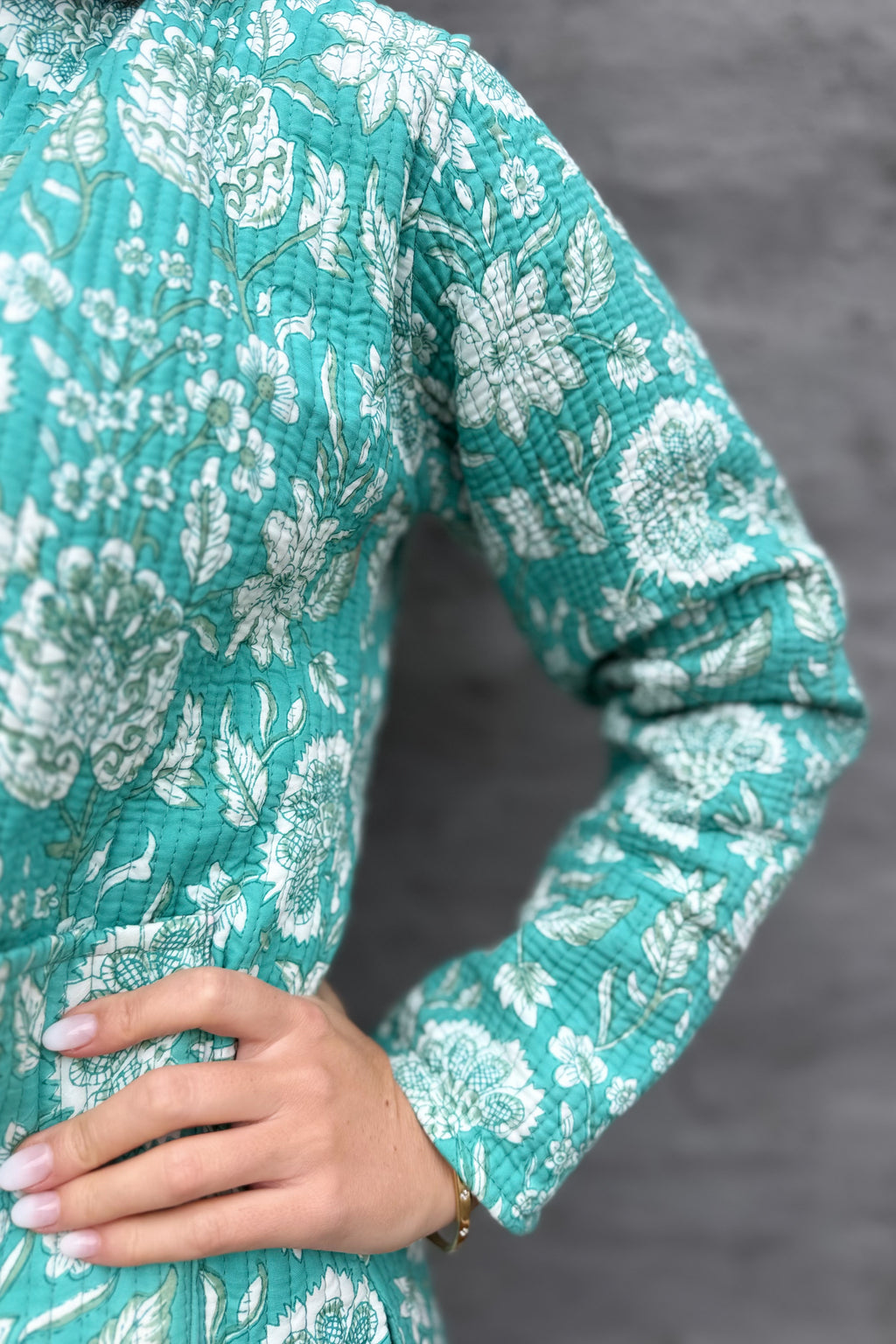 Quilted Cotton Jacket In Turquoise Botanical