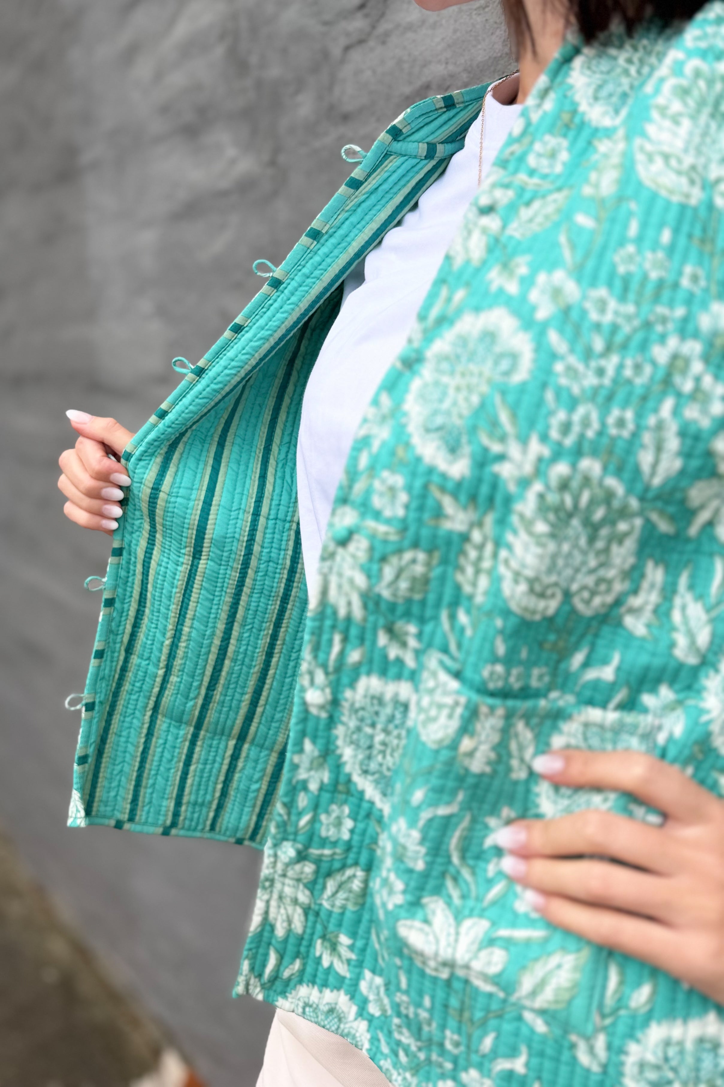 Quilted Cotton Jacket In Turquoise Botanical