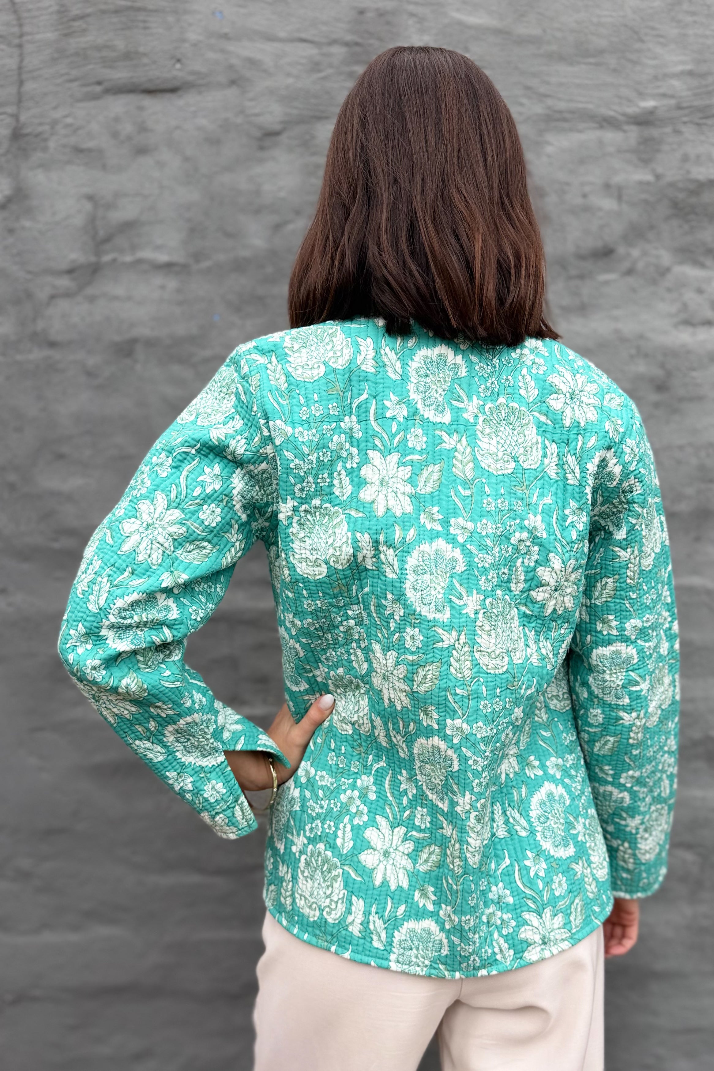 Quilted Cotton Jacket In Turquoise Botanical
