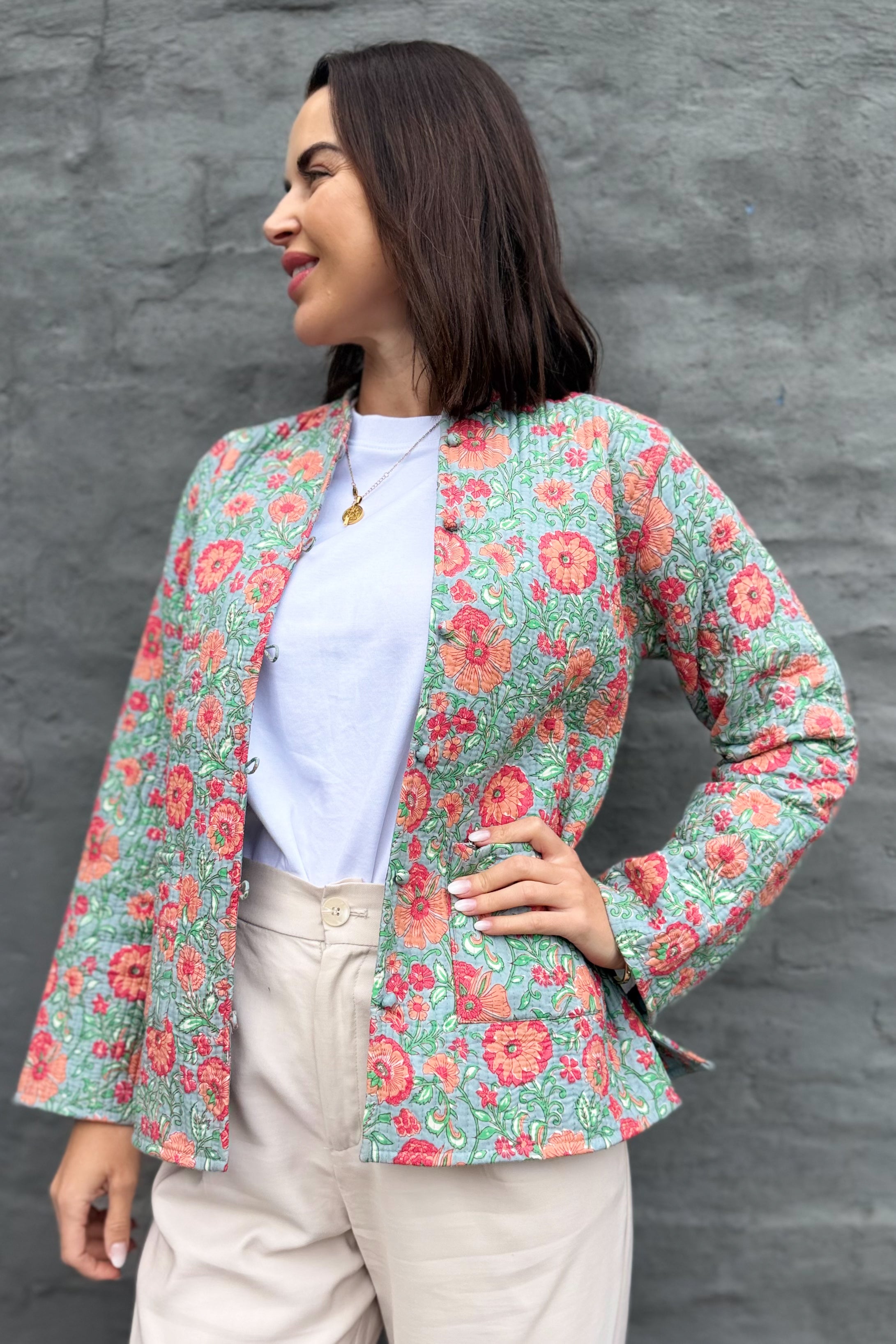 Quilted Cotton Jacket In Peachy Botanical