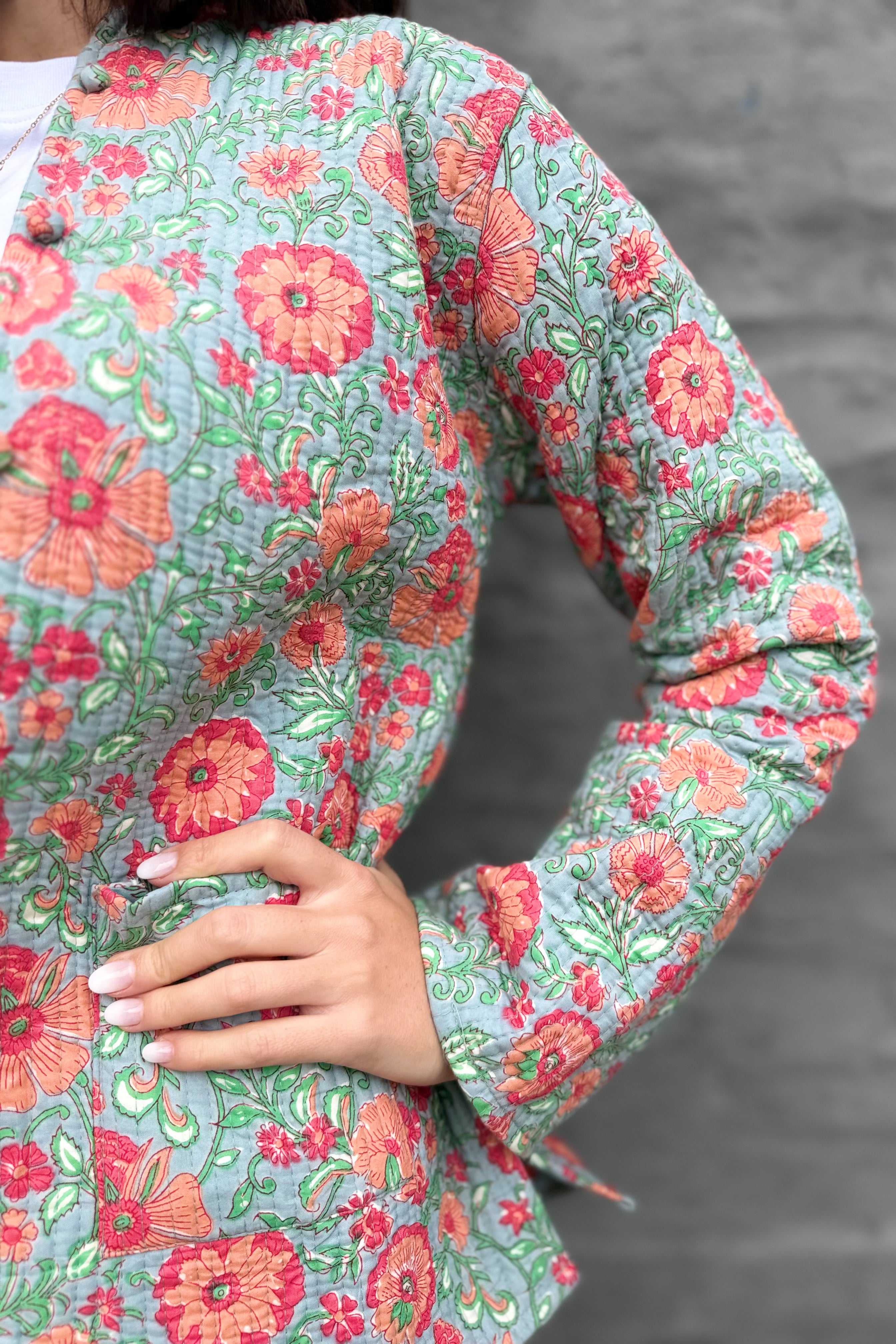 Quilted Cotton Jacket In Peachy Botanical