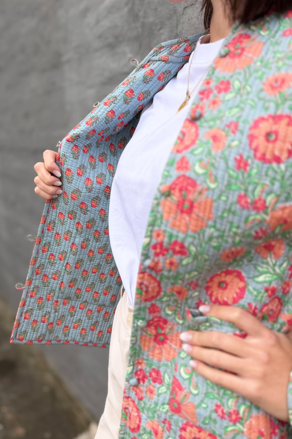 Quilted Cotton Jacket In Peachy Botanical