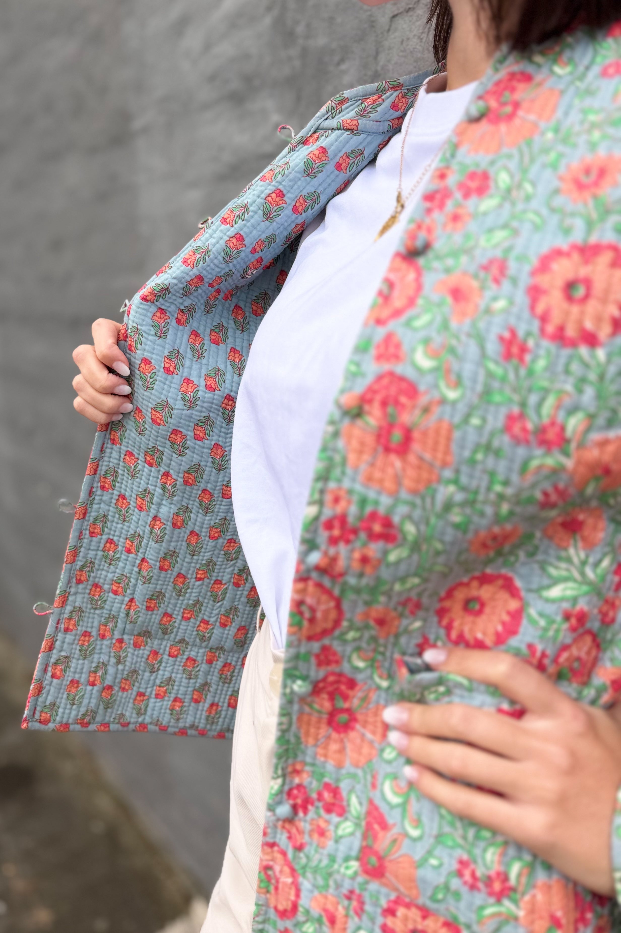 Quilted Cotton Jacket In Peachy Botanical