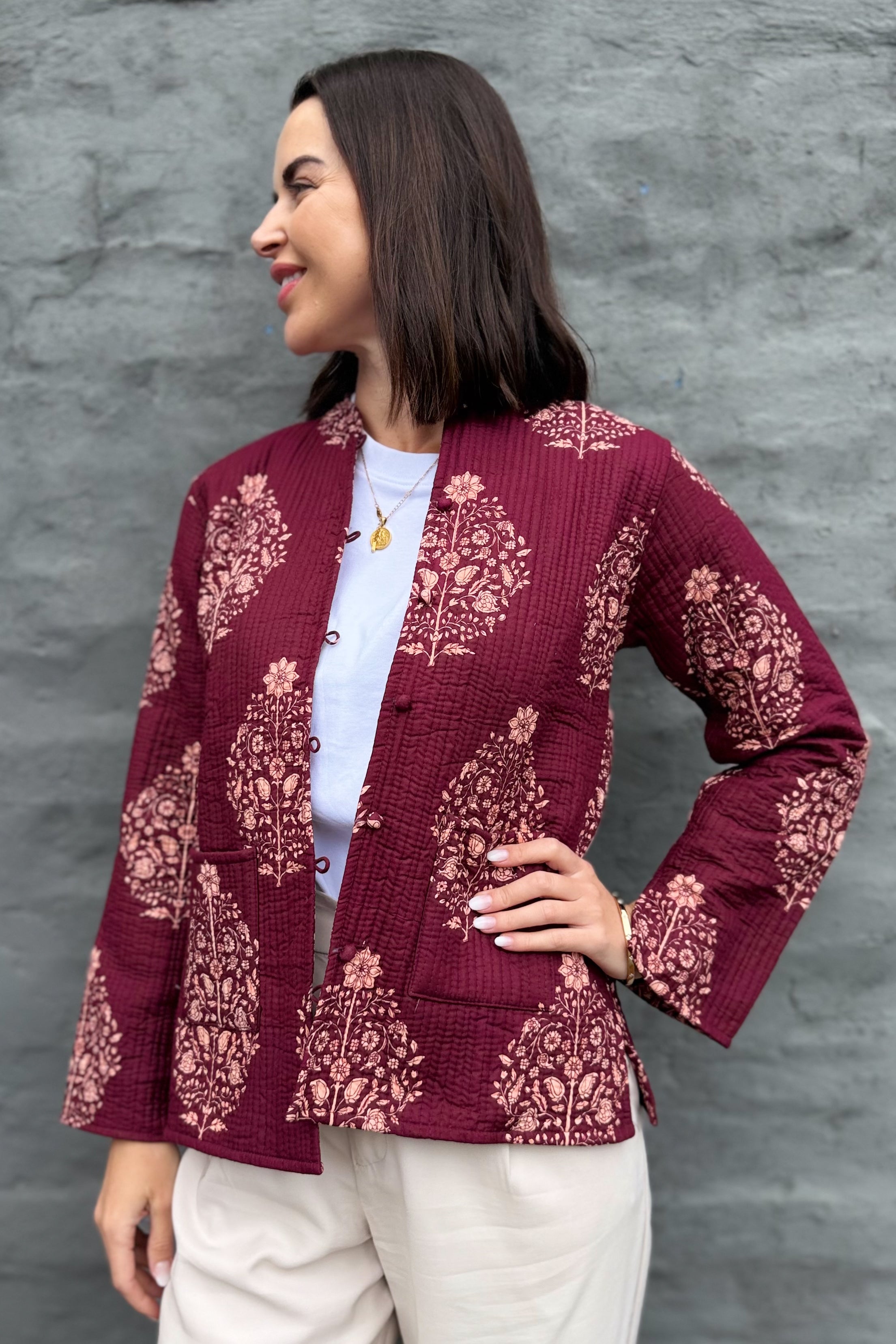 Quilted Cotton Jacket In Pinotage Posy