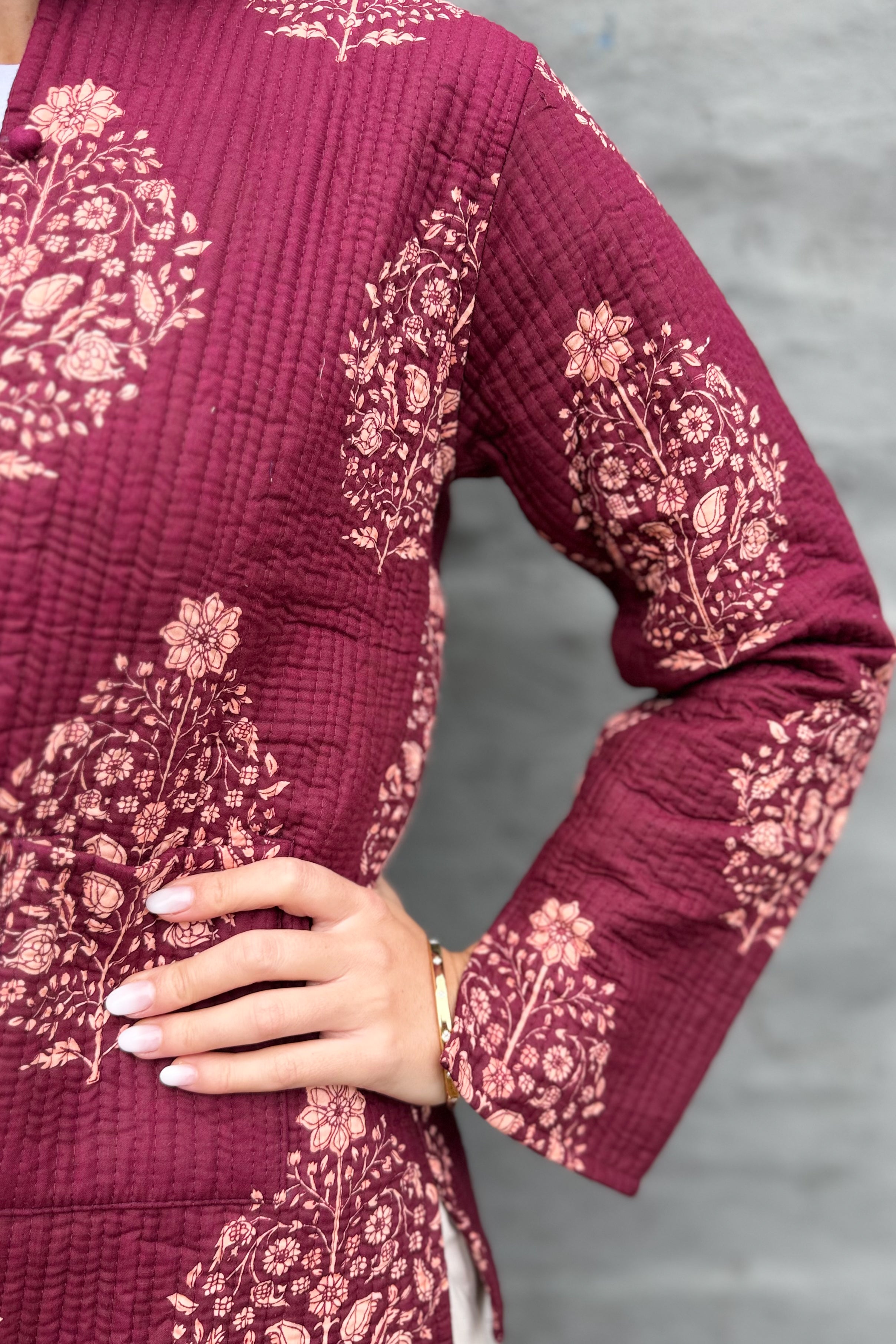 Quilted Cotton Jacket In Pinotage Posy