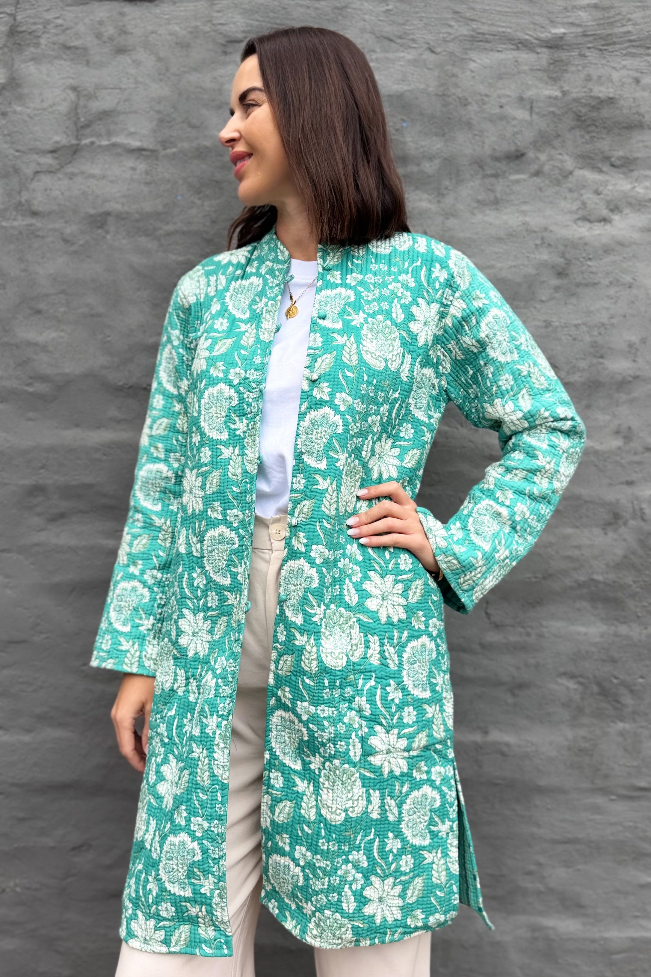 Quilted Cotton Coat In Turquoise Botanical