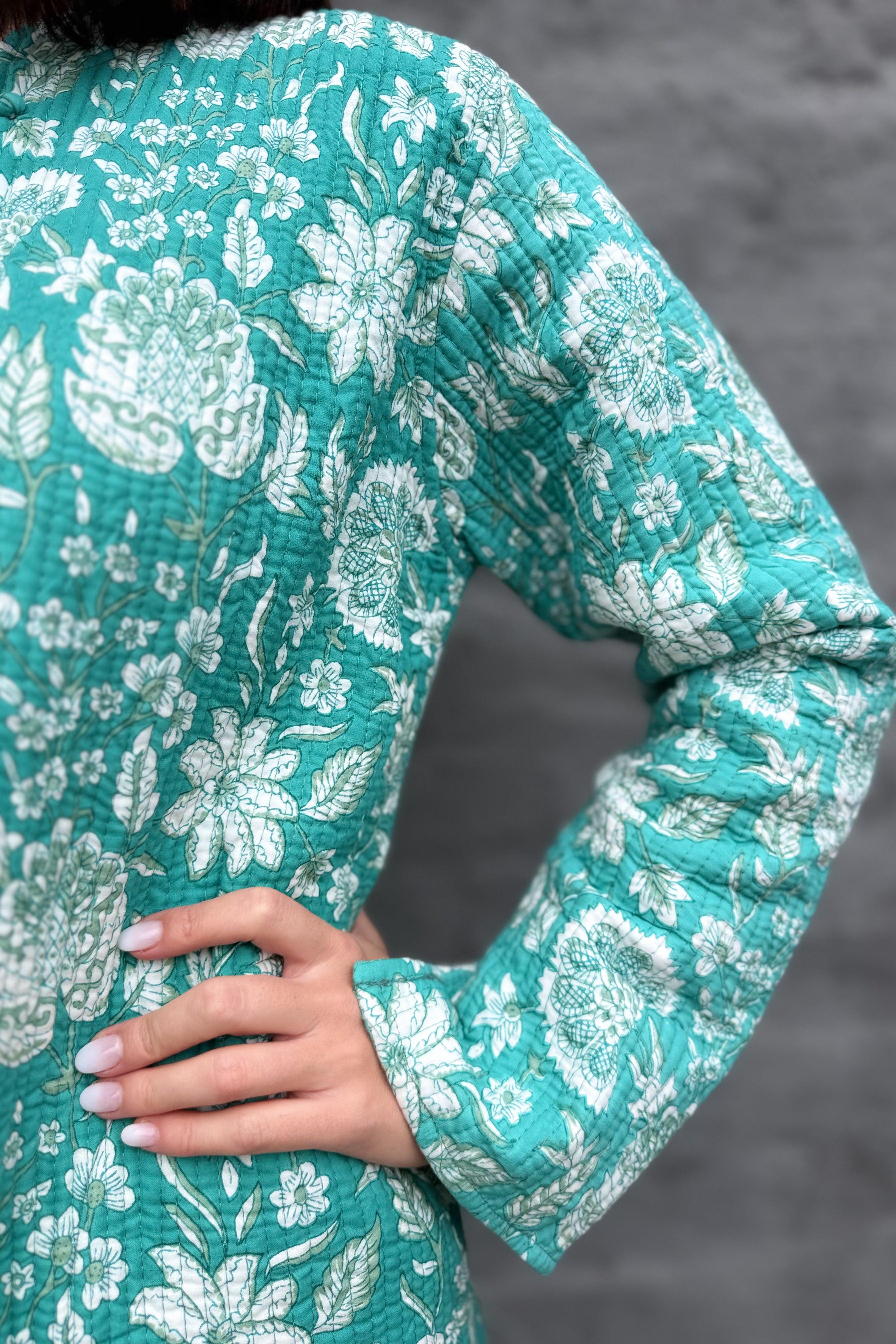 Quilted Cotton Coat In Turquoise Botanical