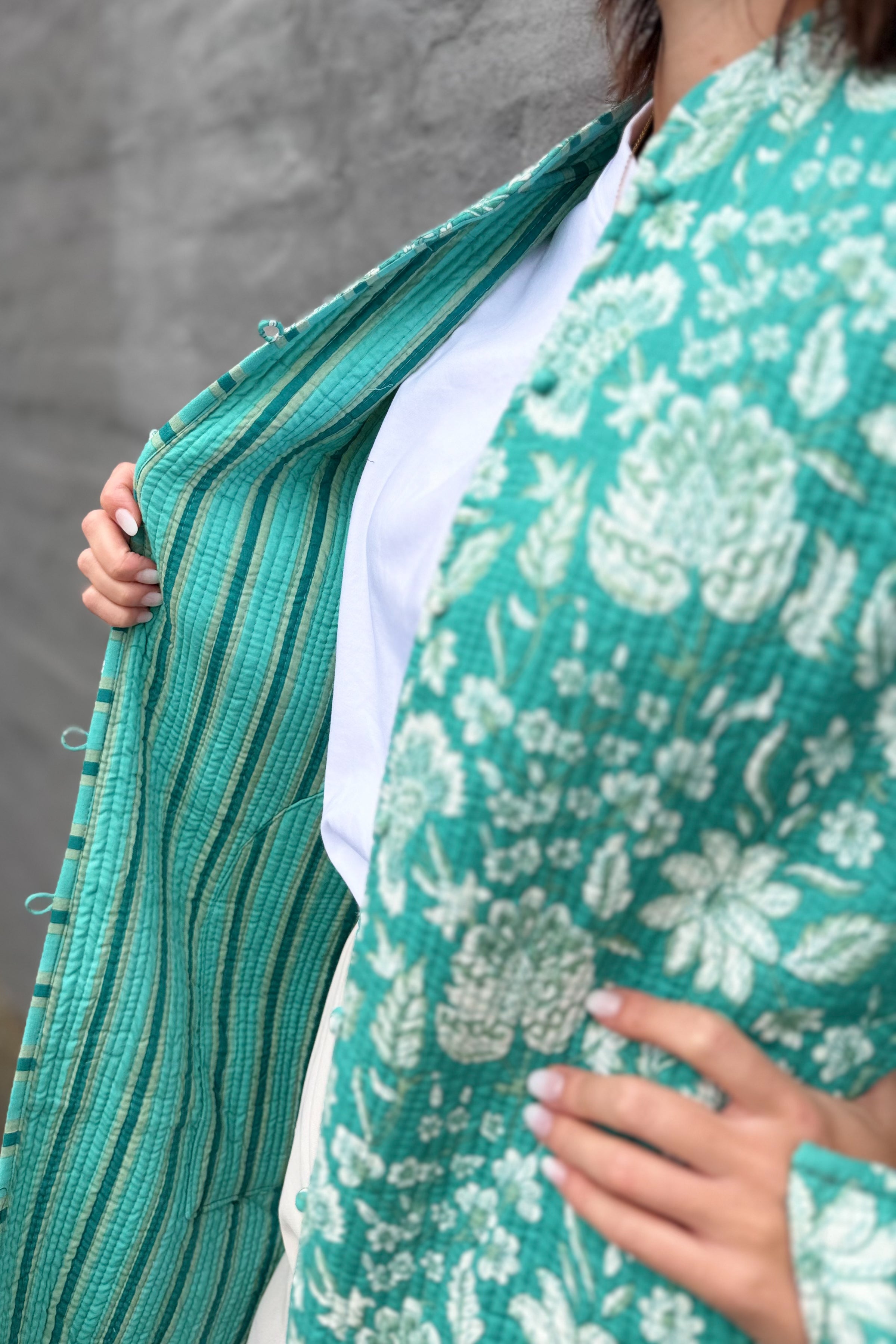 Quilted Cotton Coat In Turquoise Botanical