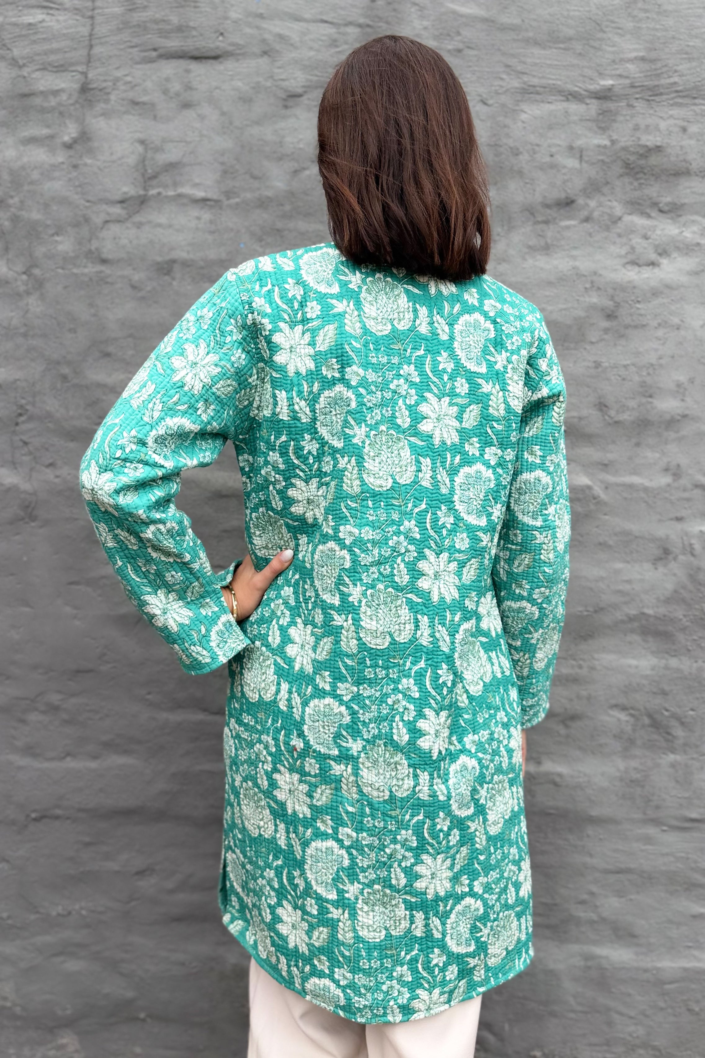Quilted Cotton Coat In Turquoise Botanical