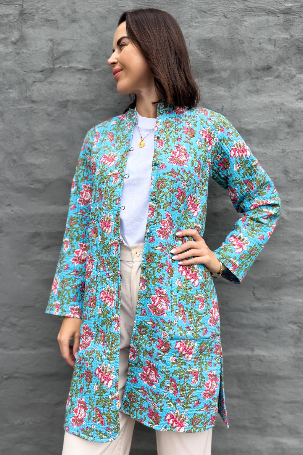 Quilted Cotton Coat In Sky Garden