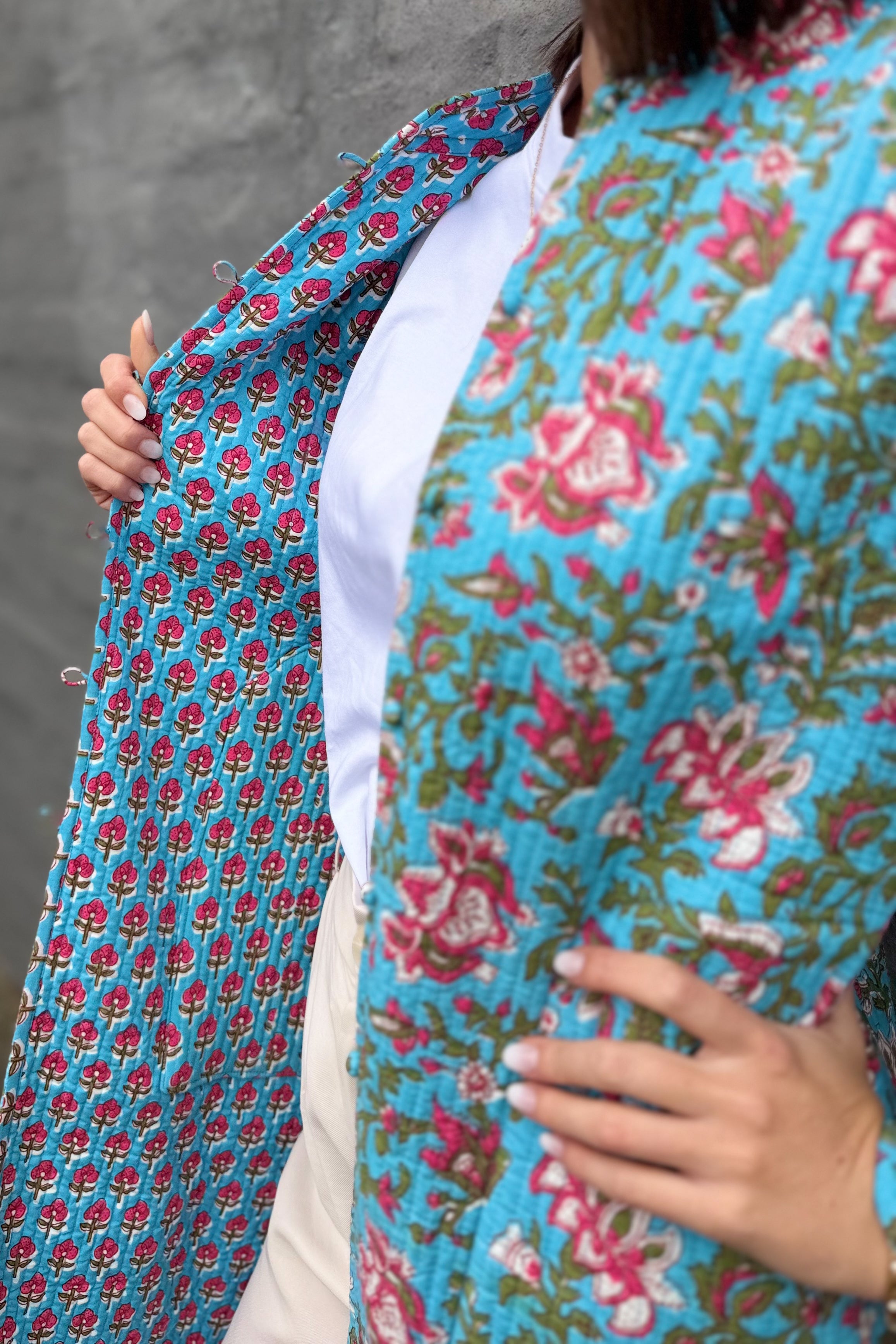 Quilted Cotton Coat In Sky Garden