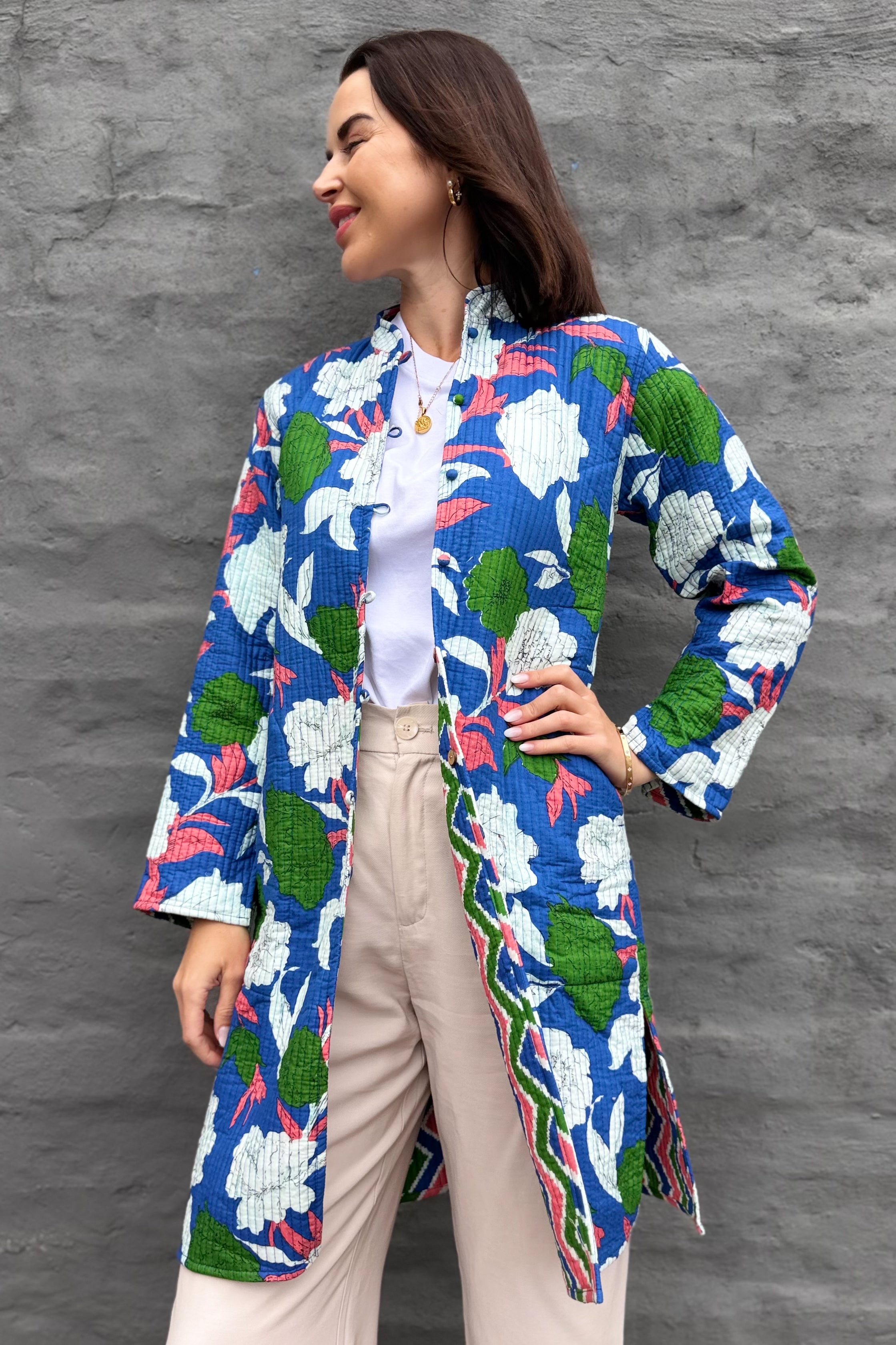 Quilted Cotton Coat In Abstract Royal