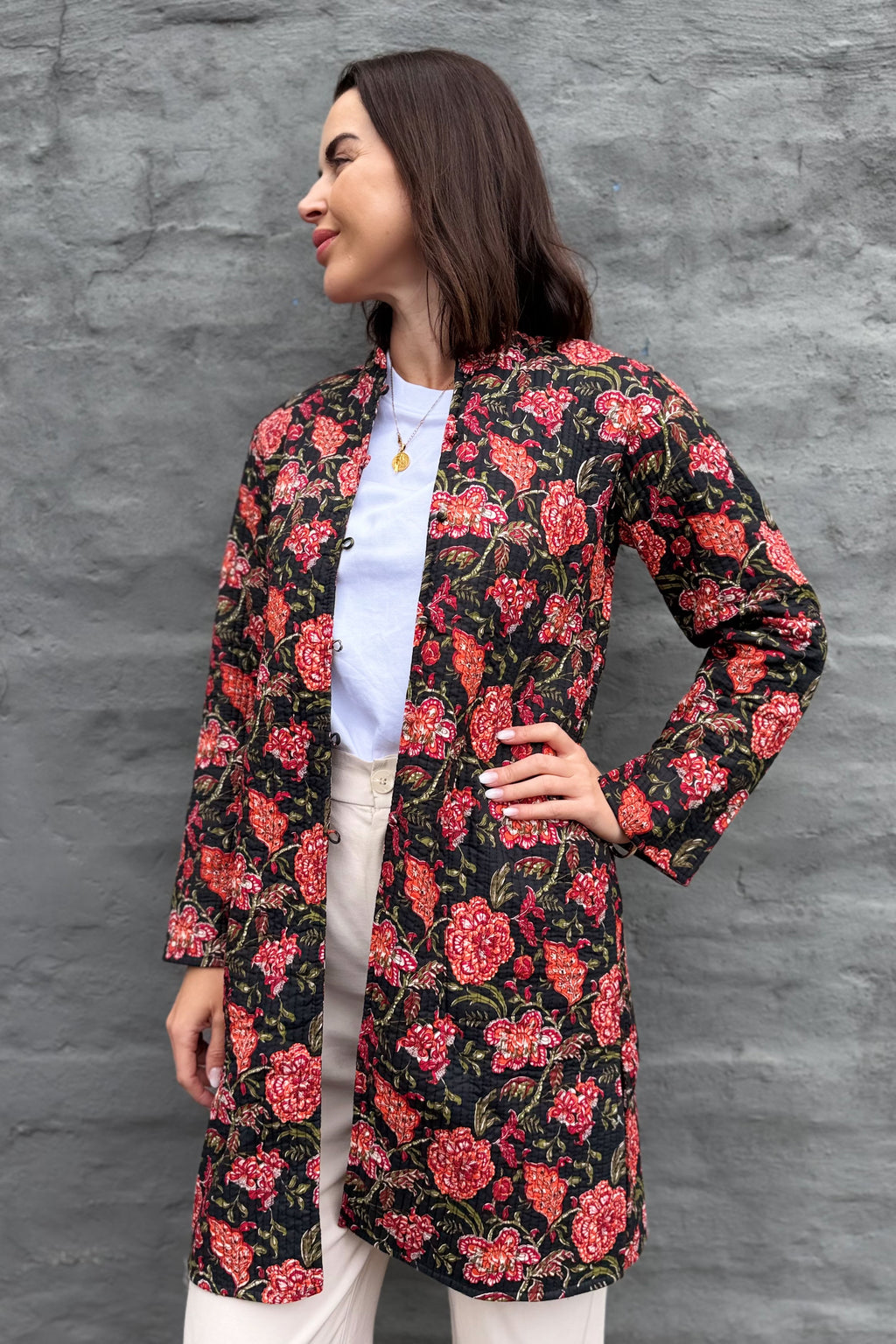 Quilted Cotton Coat In Black Botanical