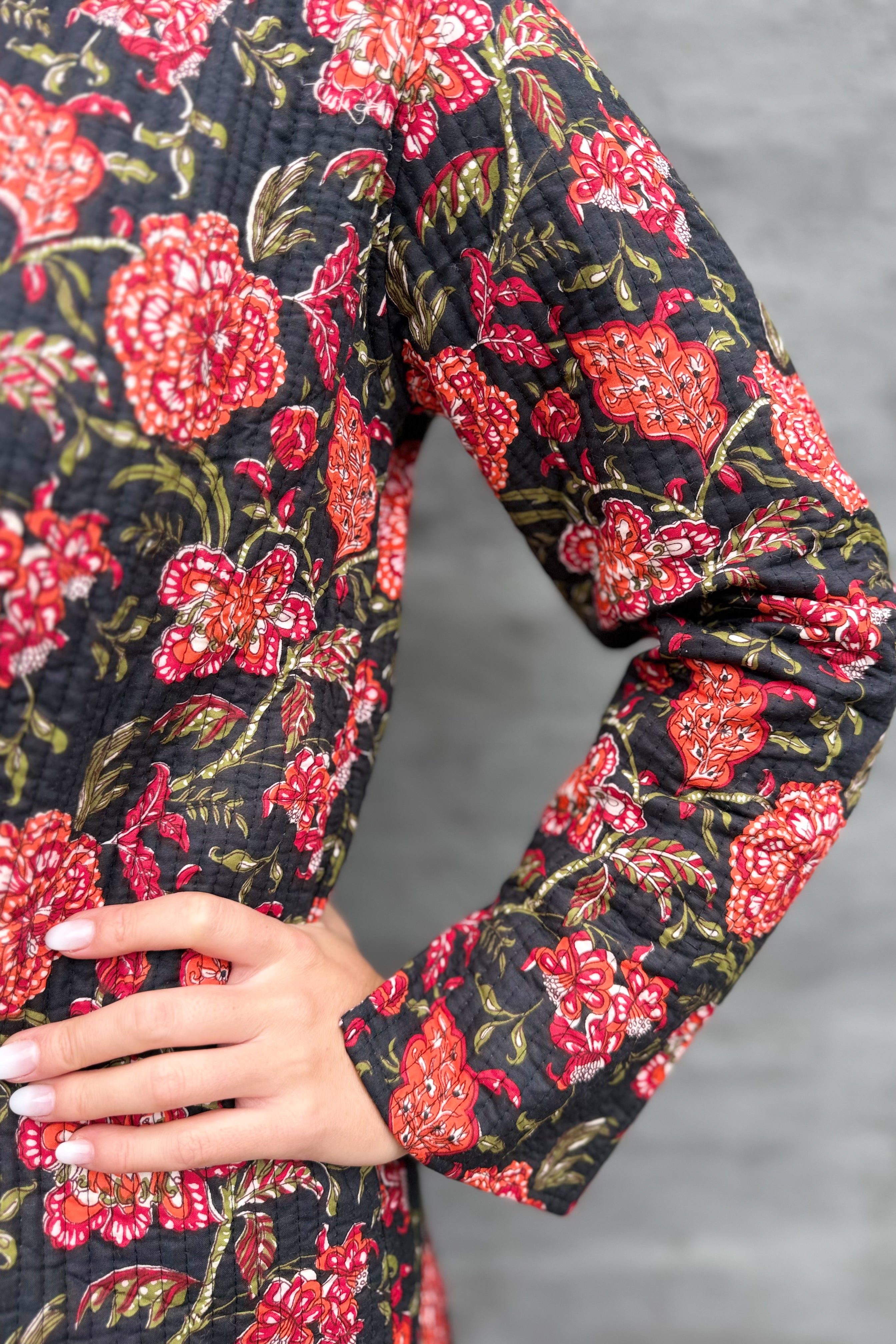 Quilted Cotton Coat In Black Botanical