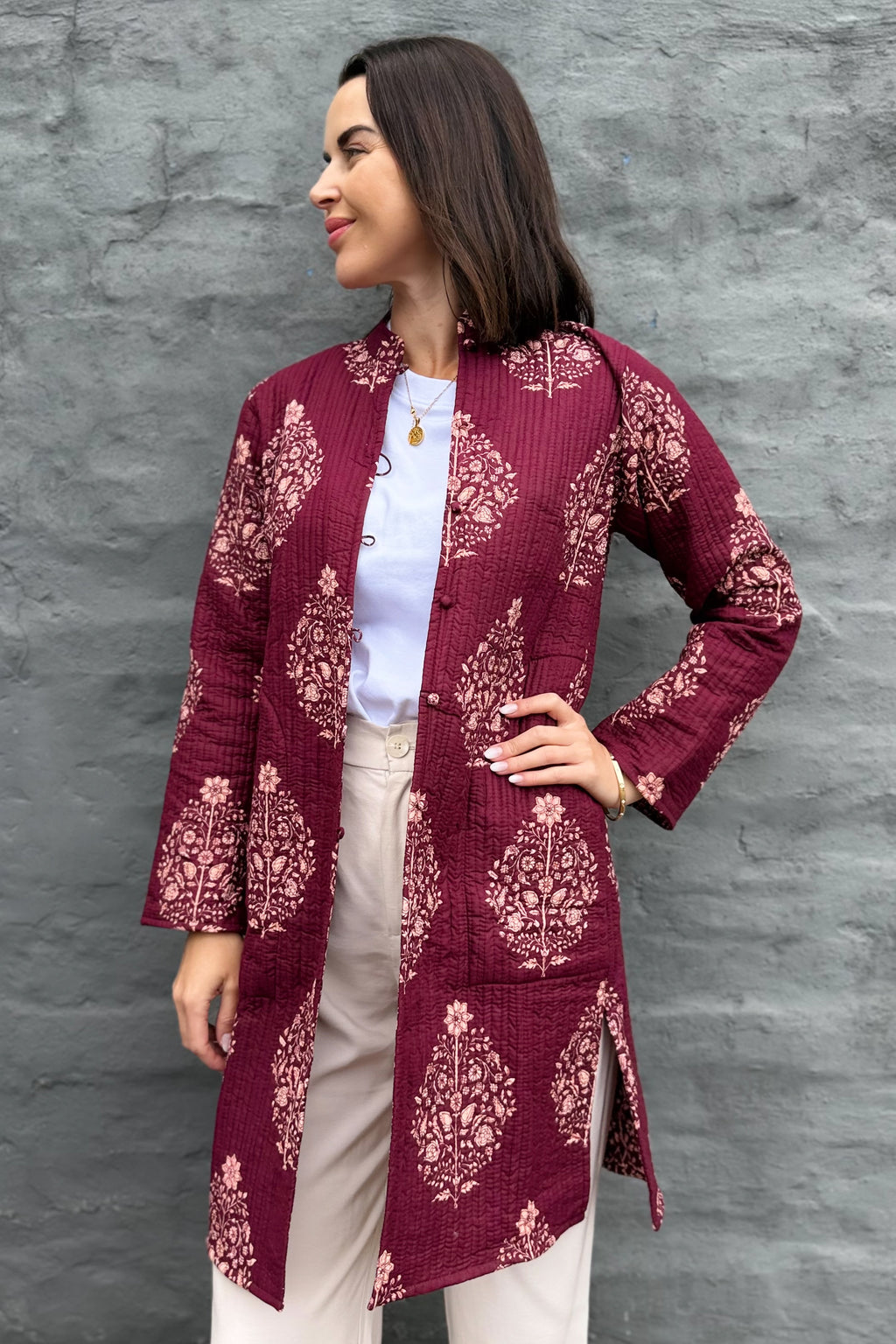 Quilted Cotton Coat In Pinotage Posy